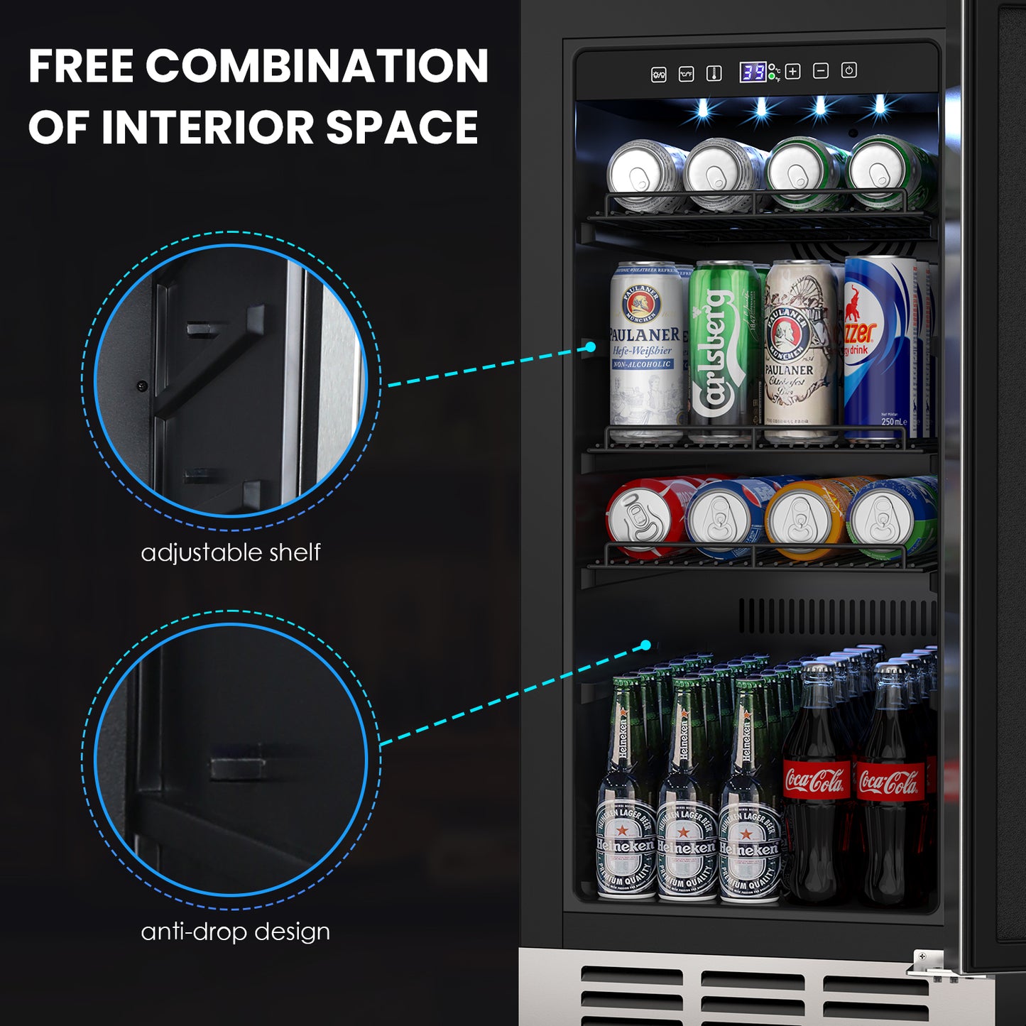 Outdoor Refrigerator 15'' Built-in Freestanding Compressor Beverage Fridge Refrigerator for Home/RV, Under counter Fridge Stainless Steel with Removable Shelves