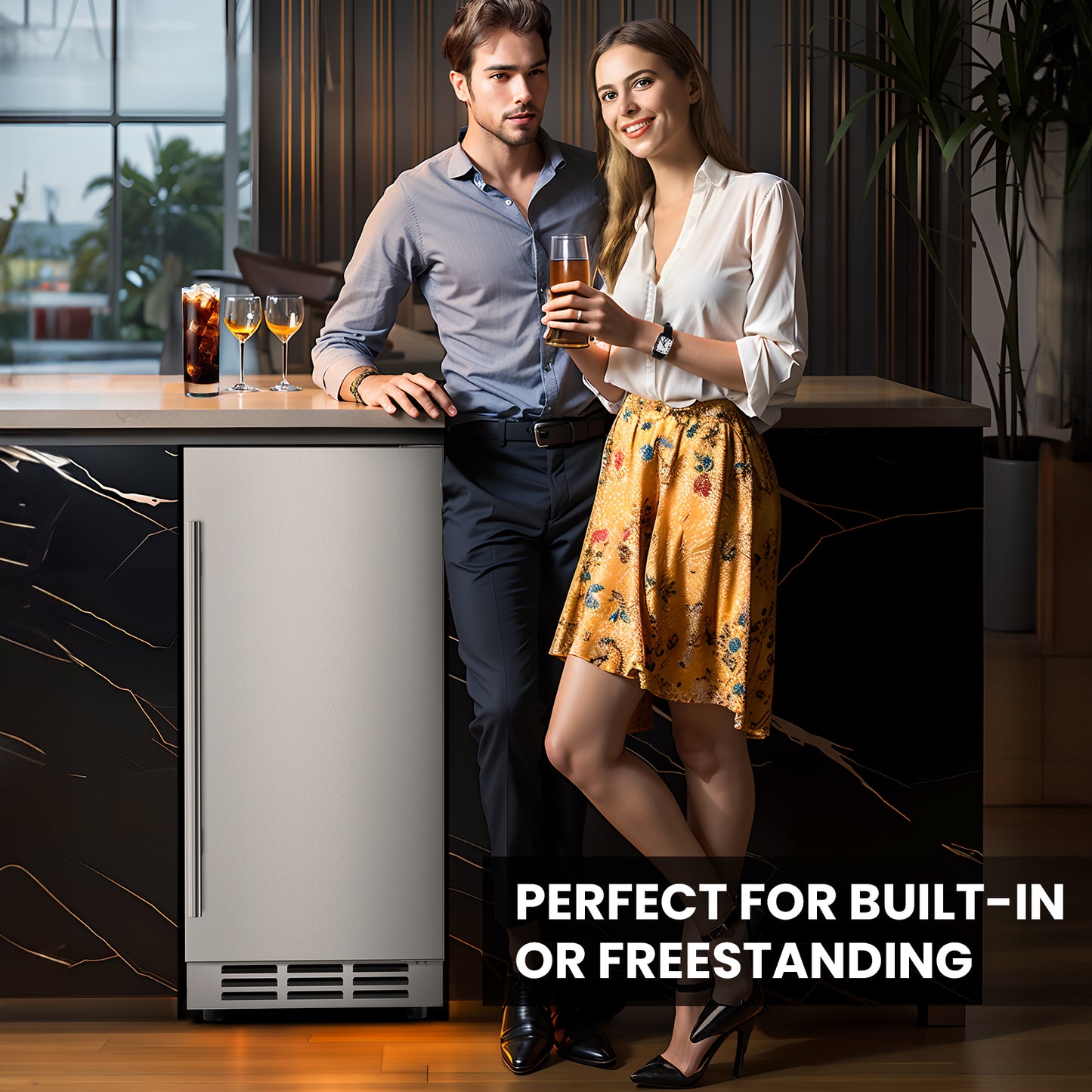 Outdoor Refrigerator 15'' Built-in Freestanding Compressor Beverage Fridge Refrigerator for Home/RV, Under counter Fridge Stainless Steel with Removable Shelves