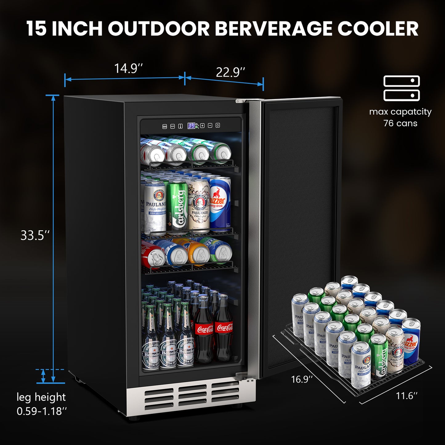 Outdoor Refrigerator 15'' Built-in Freestanding Compressor Beverage Fridge Refrigerator for Home/RV, Under counter Fridge Stainless Steel with Removable Shelves