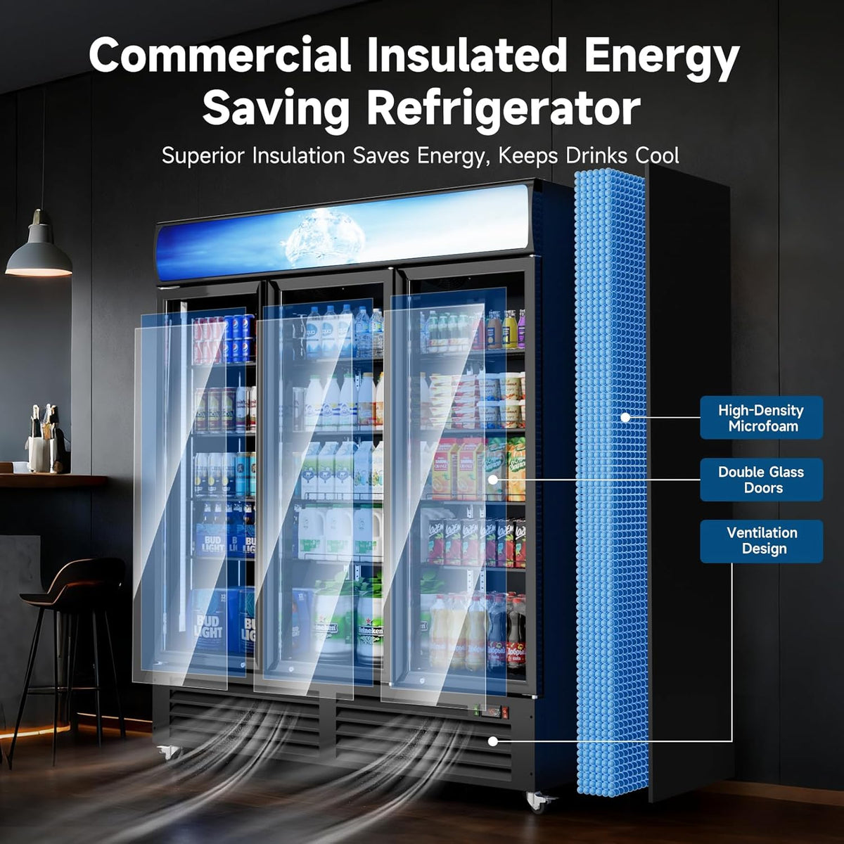 Ecojoy 56 Cu.Ft Merchandiser Cooler, 3 Doors Commercial Display Fridge Beverage Refrigerator with Adjustable Shelves, LED Lighting，32-50°F, Lockable Doors & Braked Casters for Store, Shop, Office