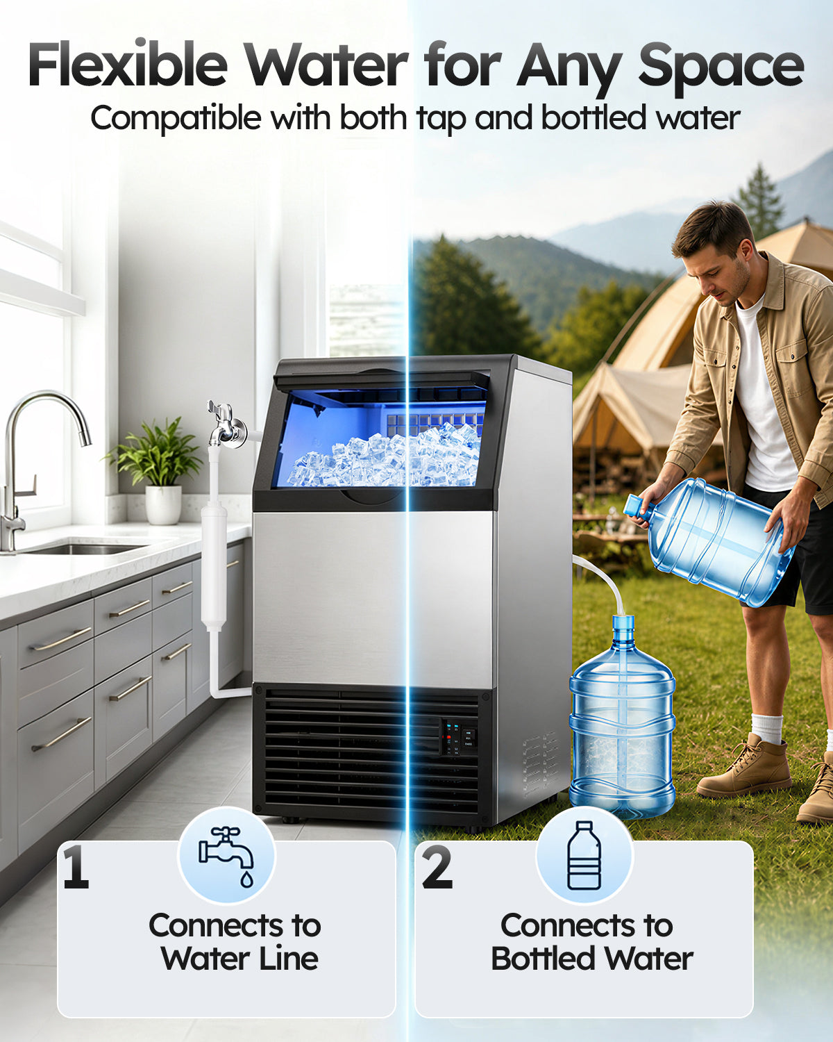 Ecojoy Commercial Ice Maker Machine, 100 lbs/24H Ice Production, 19-33 lbs Storage Bin, 45 Cubes per Cycle, Stainless Steel Under Counter & Freestanding Ice Maker with LED Display, Self-Cleaning