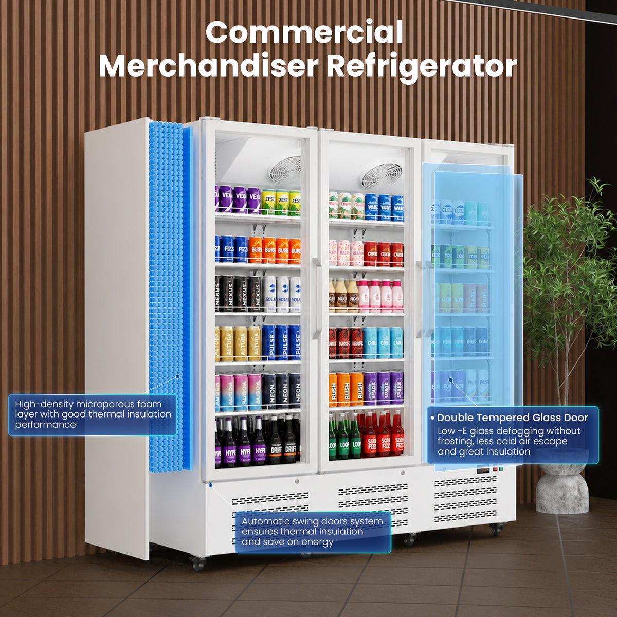 Ecojoy 56 Cu. Ft. Commercial Beverage Refrigerator, Triple Glass Door Display Cooler with 15 adjustable shelves, Door Lock, For Shop Restaurant bar, Upright Merchandiser, Digital Temperature Control