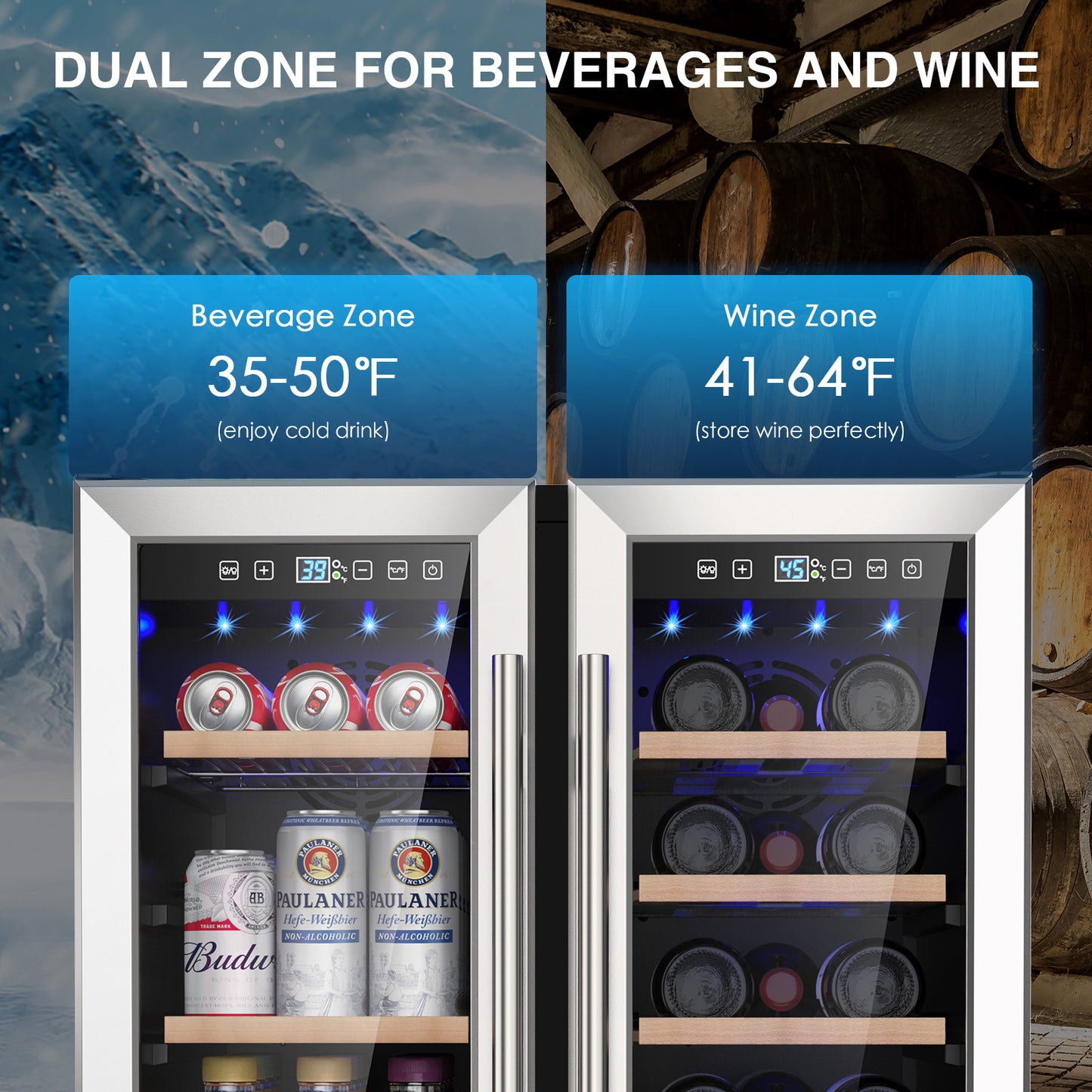 Dual Zone Wine Cooler Beverage Refrigerator, 24 inch Wine Coolers Fridge with Safety Locks and Glass Door for 20 Bottles and 57 Cans