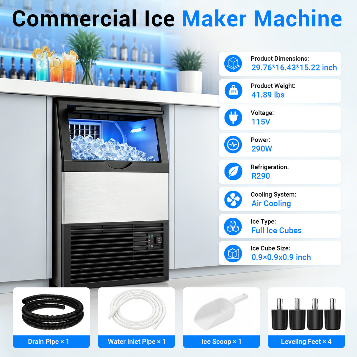 Ecojoy Commercial Under Counter Ice Maker, 100lbs/24H Ice Output, 33lbs Insulated Storage, Stainless Steel Built-in Freestanding Ice Machine with Self-Cleaning for Home Bar