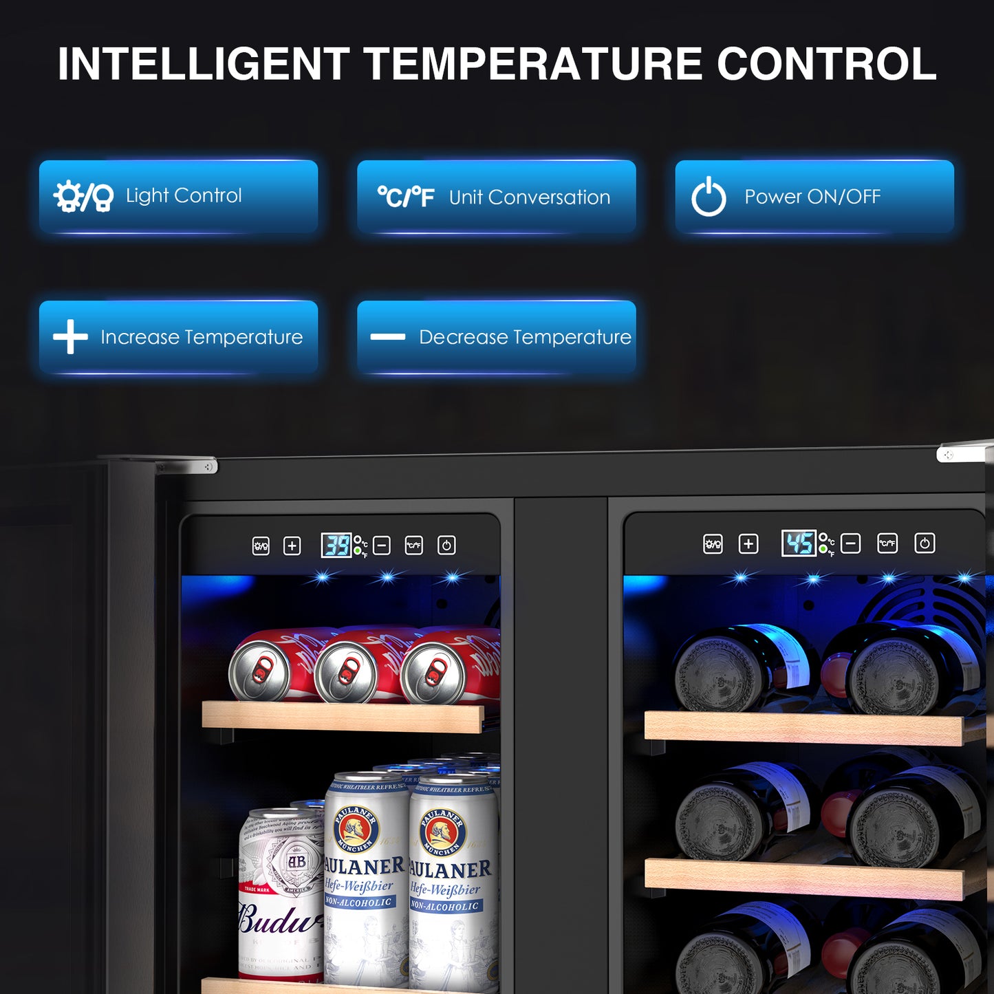 Dual Zone Wine Cooler Beverage Refrigerator, 24 inch Wine Coolers Fridge Side by Side Refrigerator Glass Fridge with Safety Locks for 20 Bottles and 57 Cans