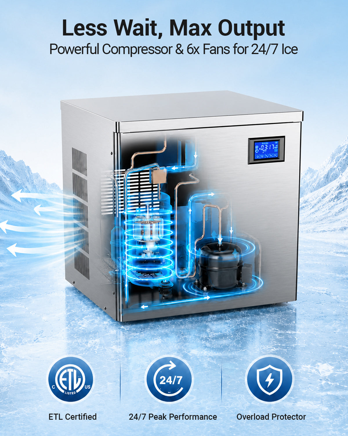 Ecojoy 700 Lbs/24H Commercial Ice Maker Machine with 500 Lbs Storage Bin, Air-Cooled Ice Maker Producing 156 Cubes Every 8–15 Minutes, Adjustable Ice Thickness, ETL Approved, Self-Cleaning for Bar, C