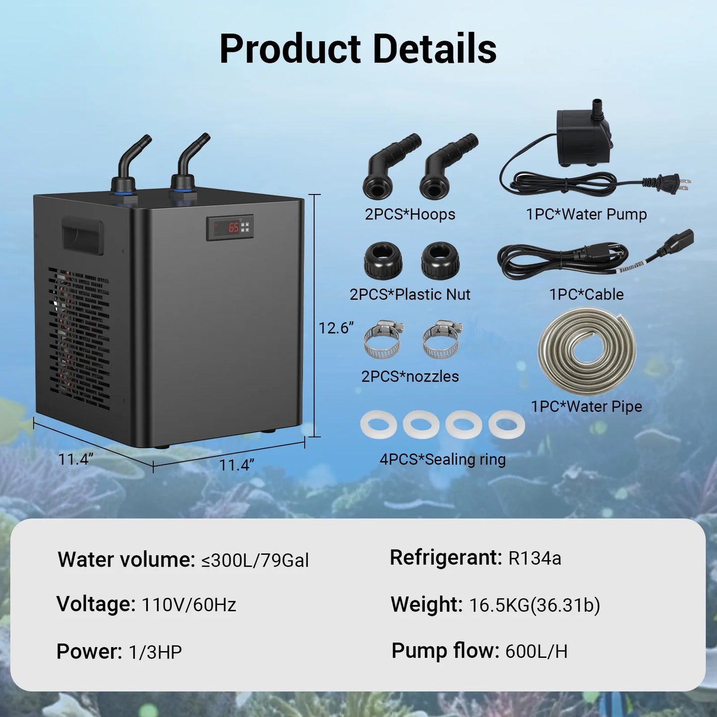 Ecojoy Aquarium Water Chiller 75GAL 1/3HP Fish Tank Chiller, 300L Cooling System with Quiet Design Compressor Refrigeration