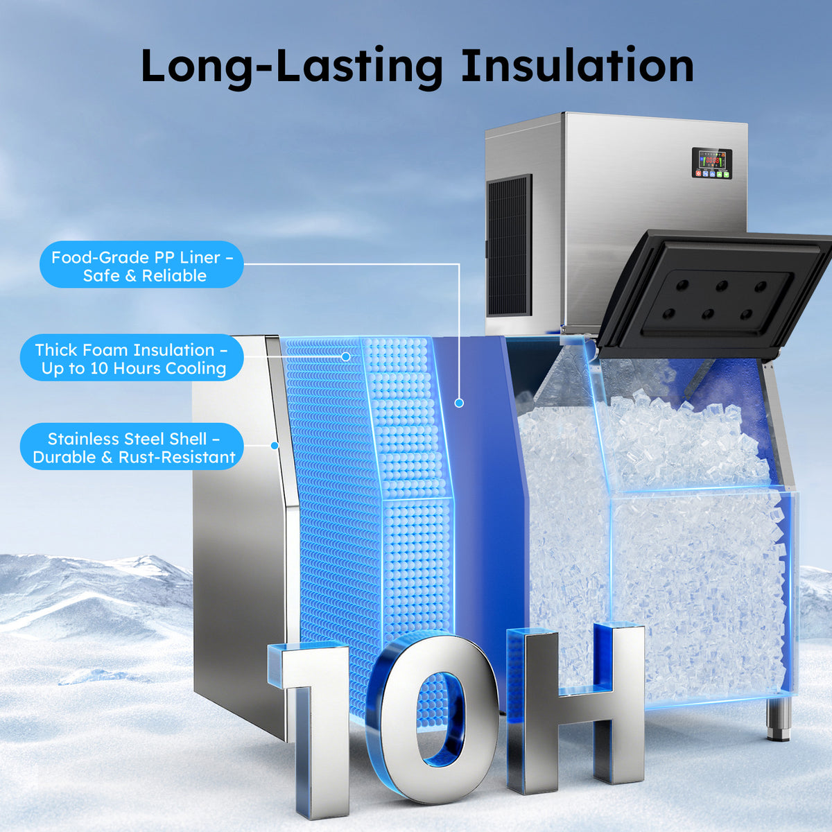Ecojoy 550 lbs/24H Commercial Ice Maker Machine with 400 lbs Storage Bin, Self-Cleaning Mode, Built-In Water Filter, 30-Level Ice Thickness Control for Restaurant, Bar, Hotel and Industrial Use