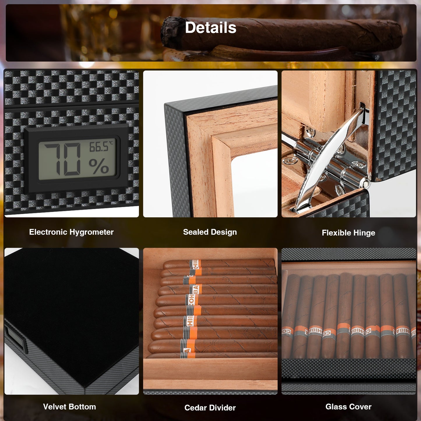 Cigar Humidor Case Box with Electric Hygrometer Humidifier Divider and Spanish Cedar Wood Shelf for 20-30 Counts, Great Gifts for Men, Gray