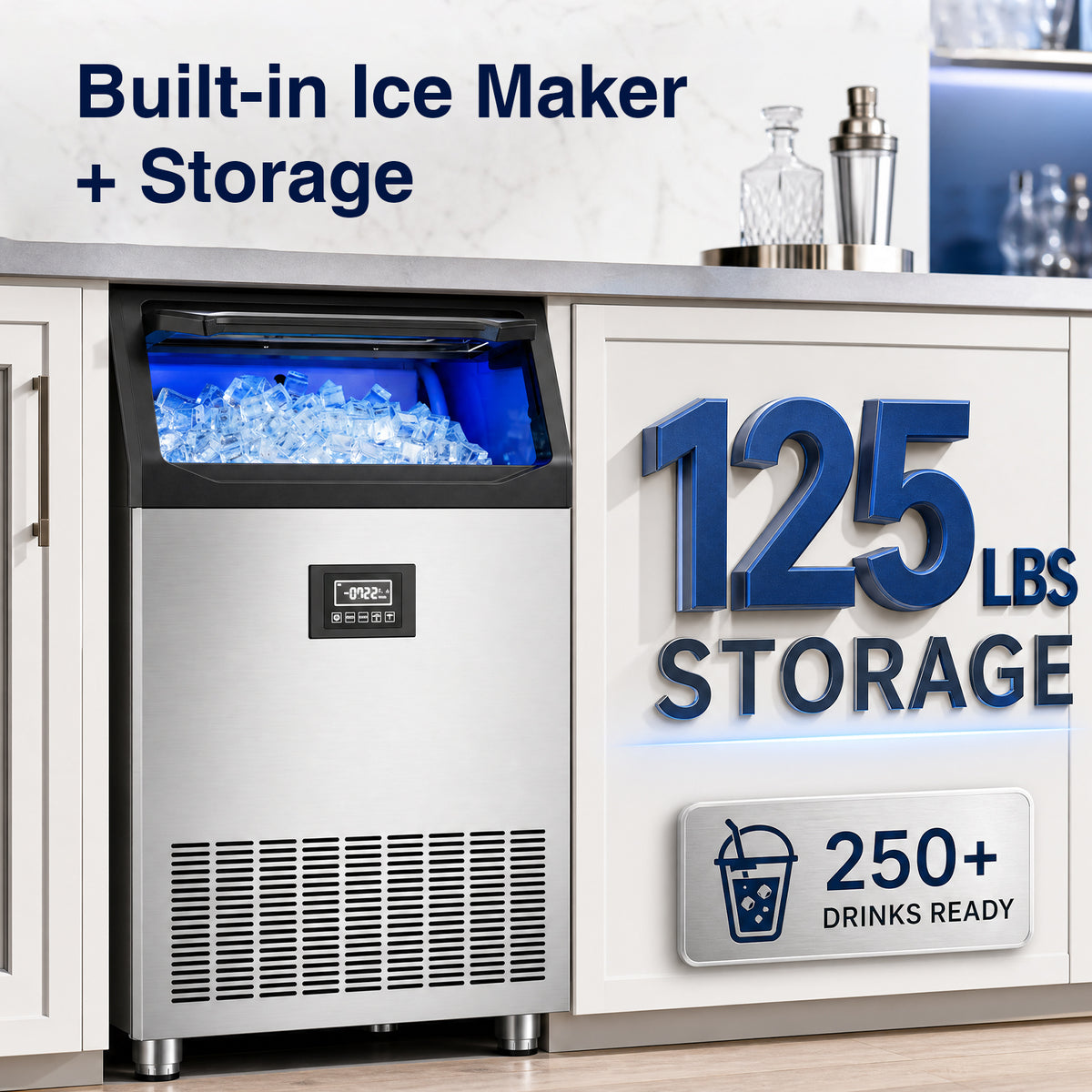 Ecojoy Commercial Ice Maker 500Lbs/24H with 125LBS Large Storage, 162 Ice Cubes in 7-23min, Auto Cleaning & Timing Function, Under Counter/Freestanding, Cube Ice Maker for Bar Cafe Restaurant, Silver