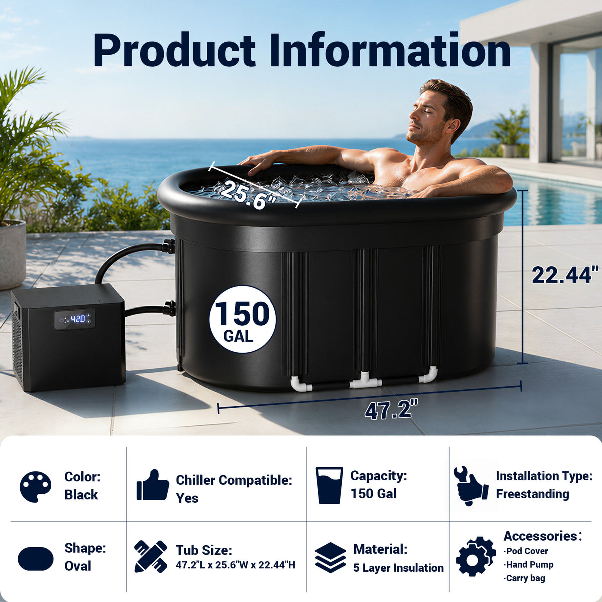 Ecojoy Oval Ice Bath Chiller & Cold Plunge Tub Kit, 1/3HP Cold Plunge Chiller with Built-in Pump & Filter, Upgraded XXL 148Gal Ice Pod, Cold Plunge Tub with Water Chiller for Cold Therapy Recovery