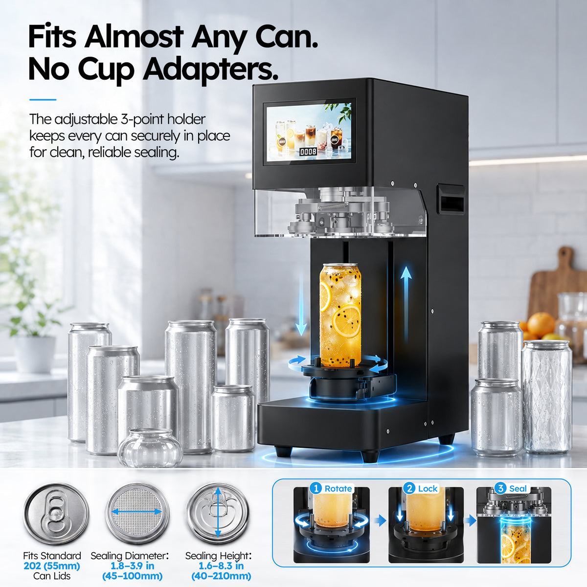 Ecojoy Commercial Soda Can Sealer, Automatic Height Detection, 55 mm 202 Can Sealing Machine, No Cup Pads Required, Adjustable for 45–100 mm (1.77–3.94") Containers, Touchscreen One-Touch Control