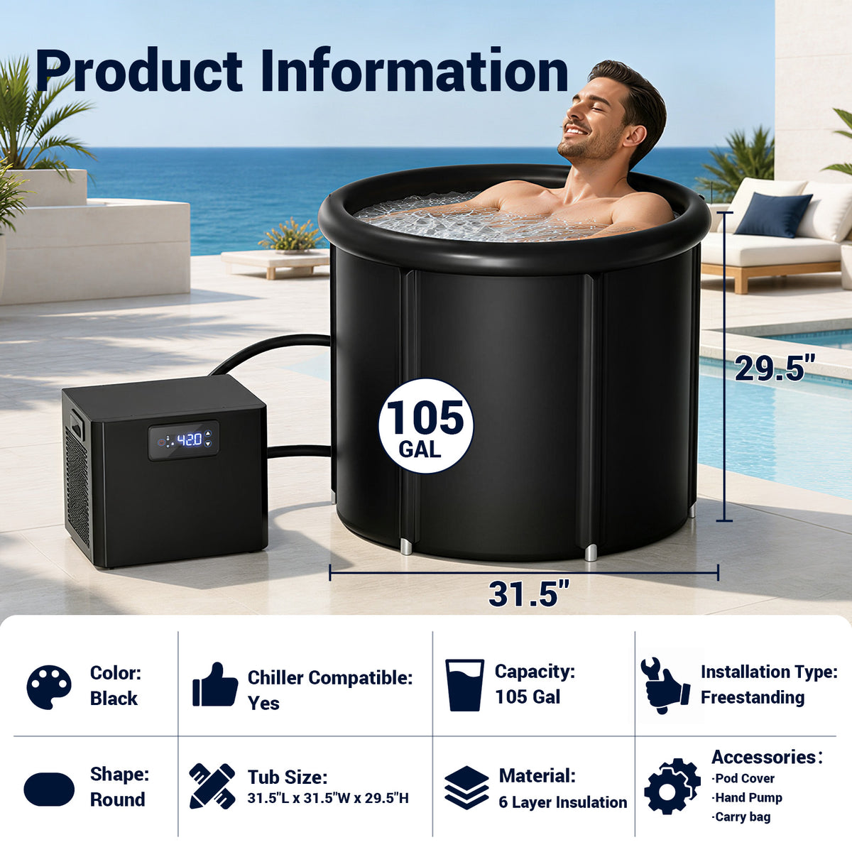 Ecojoy Ice Bath Tub & Cold Plunge Chiller Kit, 1/3HP Ice Bath Chiller with Built-in Pump & Filter, 105 Gal Insulated Ice Pod Pro, Cold Plunge Tub with Water Chiller for Cold Therapy Recovery