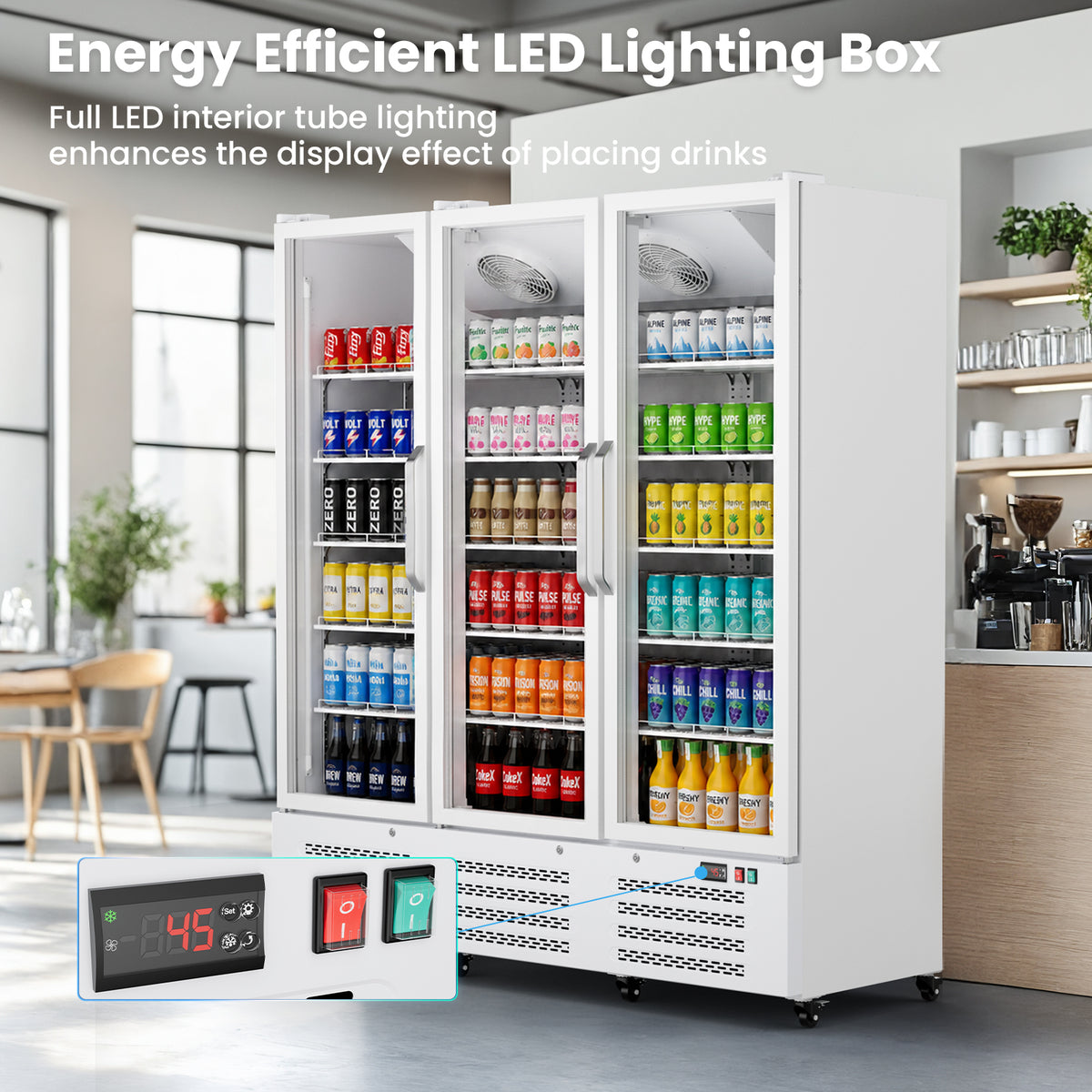 Ecojoy 56 Cu. Ft. Commercial Beverage Refrigerator, Triple Glass Door Display Cooler with 15 adjustable shelves, Door Lock, For Shop Restaurant bar, Upright Merchandiser, Digital Temperature Control
