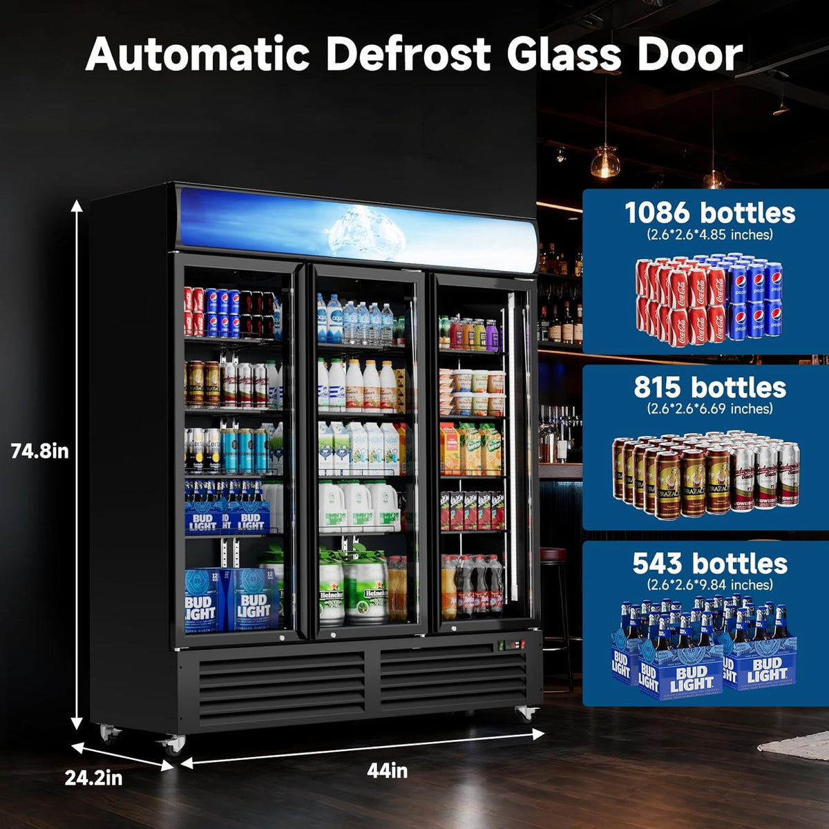 Ecojoy 56 Cu.Ft Merchandiser Cooler, 3 Doors Commercial Display Fridge Beverage Refrigerator with Adjustable Shelves, LED Lighting，32-50°F, Lockable Doors & Braked Casters for Store, Shop, Office