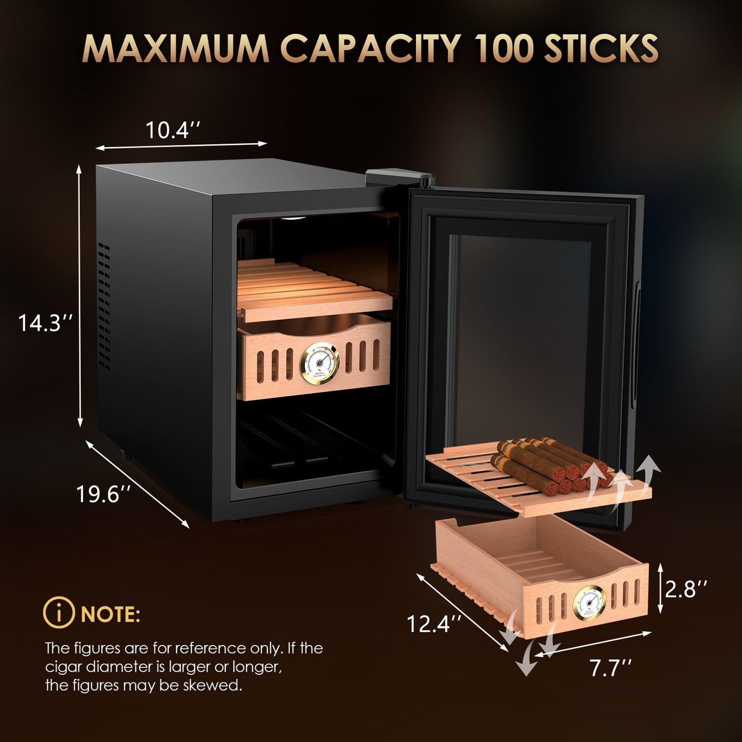 Electric Cigar Humidor, 18L Cigar Humidors Cabinet for 100 Counts with Hygrometer, Heating & Cooling Control, Modern Spanish Cedar Lined Cigar Box