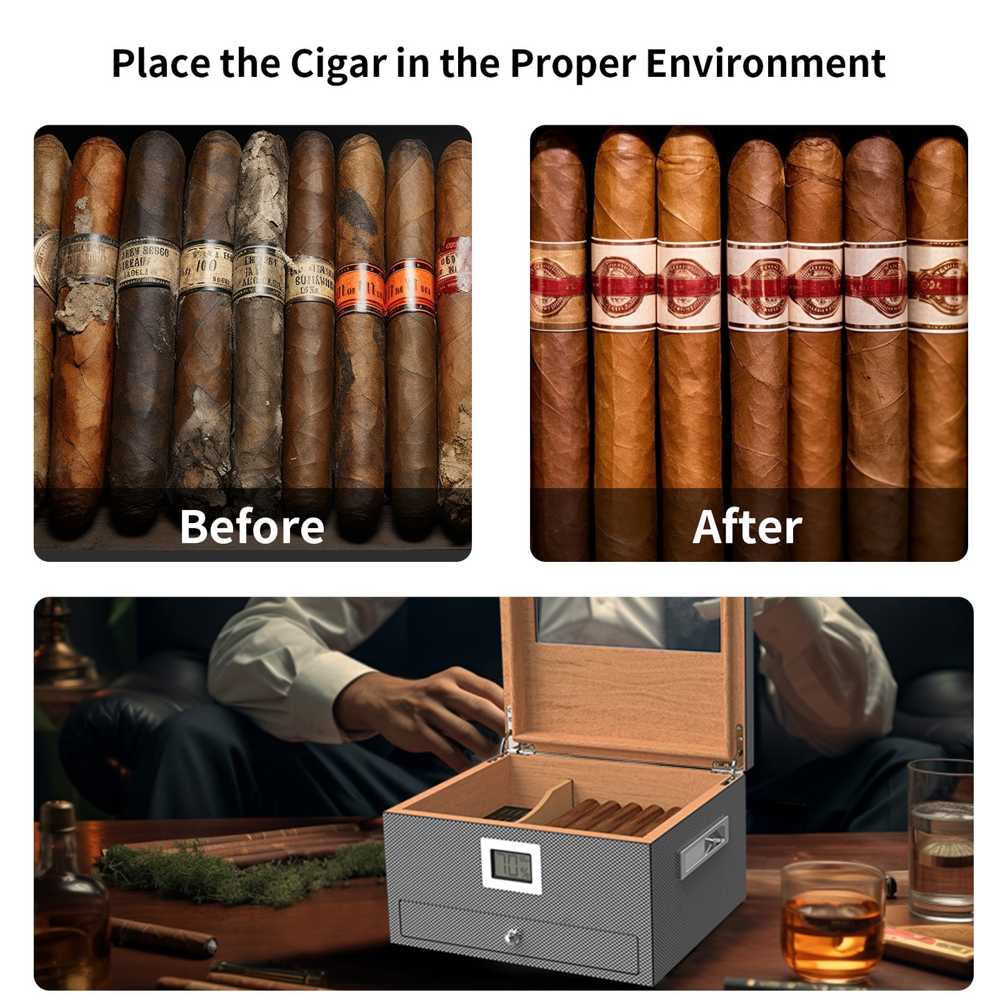Cigar Humidor Case Box with Electric Hygrometer Humidifier Divider and Spanish Cedar Wood Shelf for 25-50 Counts, Luxuary Glass Cigar Case for Men, Gray