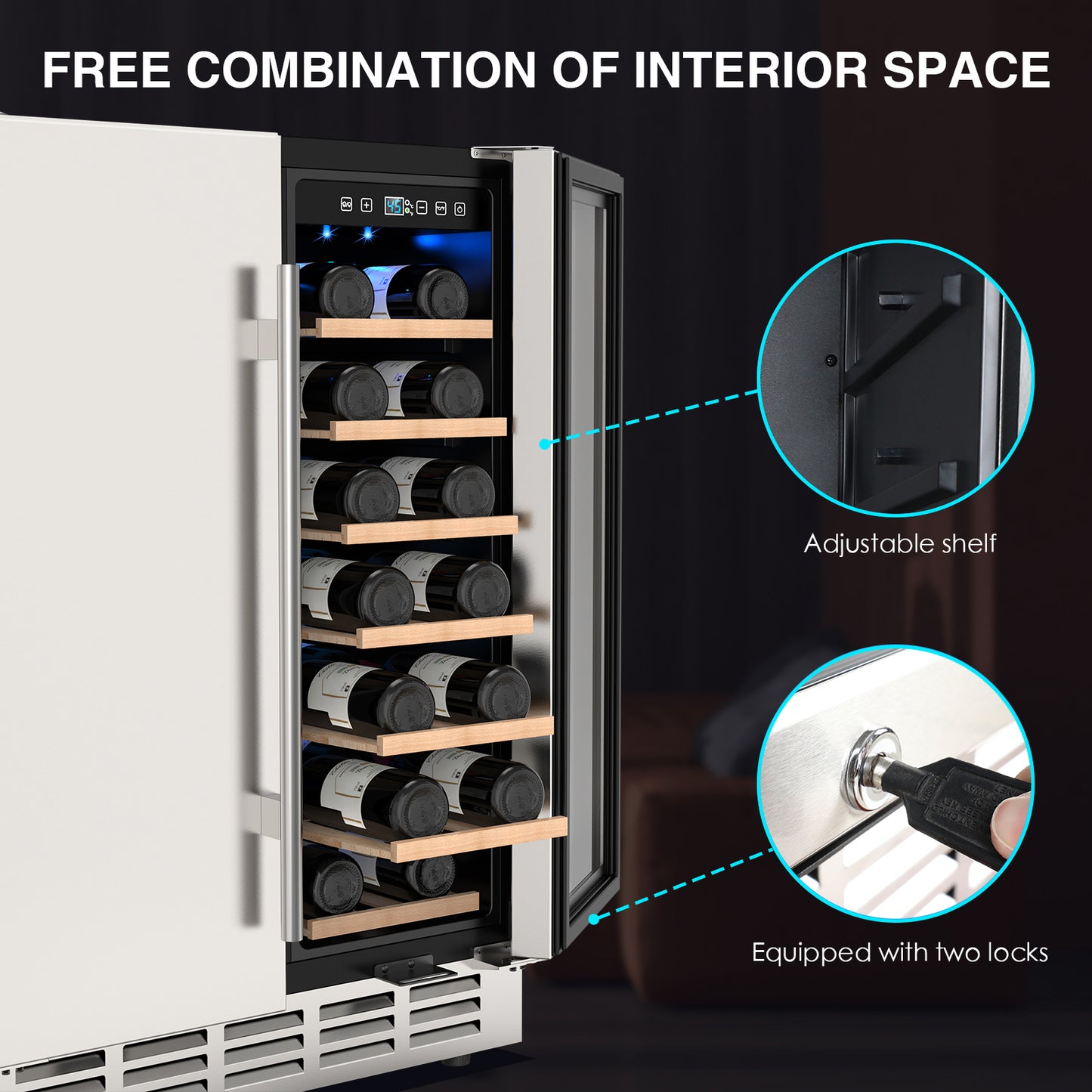 Dual Zone Wine Cooler Beverage Refrigerator, 24 inch Wine Coolers Fridge Side by Side Refrigerator Glass Fridge with Safety Locks for 20 Bottles and 57 Cans