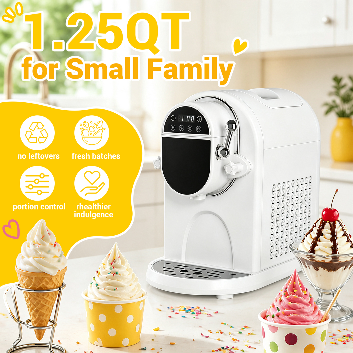Ecojoy Soft Serve Ice Cream Machine 1.25Qt | No Pre-Freezing Countertop Ice Cream Maker for Home | Built-In Compressor | Adjustable Hardness, LED Display | Frozen Yogurt, Dairy Free