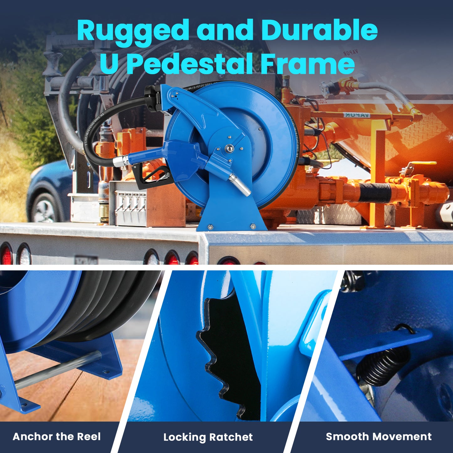 Retractable Fuel Hose Reel with Refueling Nozzle Gun, 3/4" x 50ft Spring Driven Diesel Hose Reel 300 PSI Industrial Auto Swivel Heavy Duty Steel Construction Reel for Ship Vehicle Tank Truck