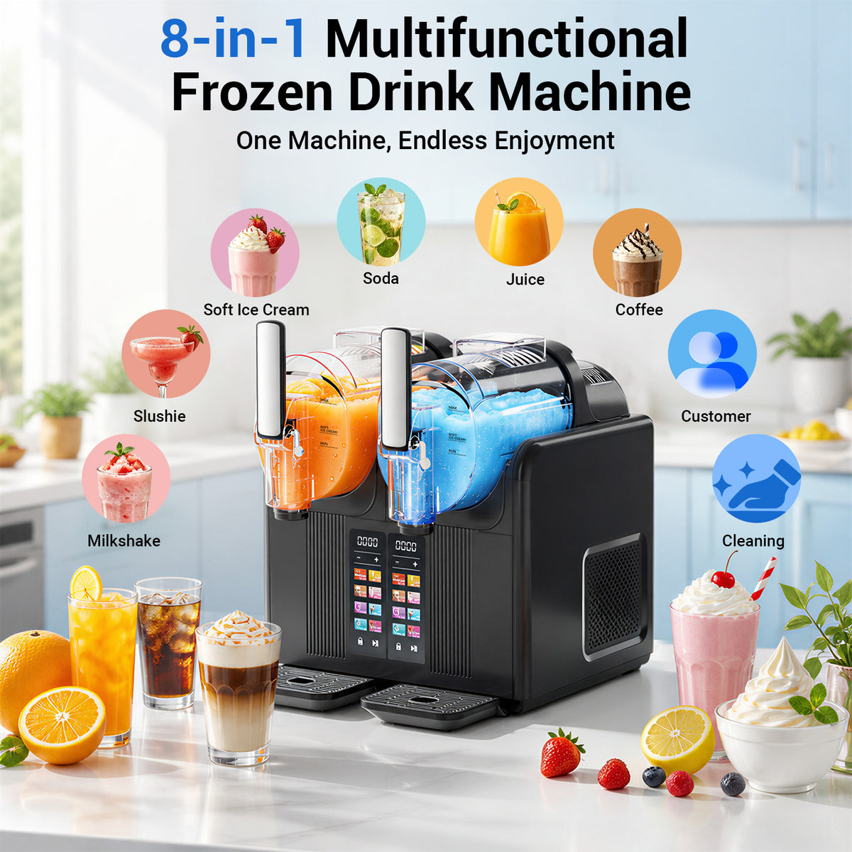 Ecojoy 8-in-1 Commercial Slushie Maker & Frozen Drink Machine 2.4L*2 Stainless Steel Countertop Margarita Maker with Auto-Clean LED Display for Slush Ice Cream Cocktails Milkshakes Smoothies