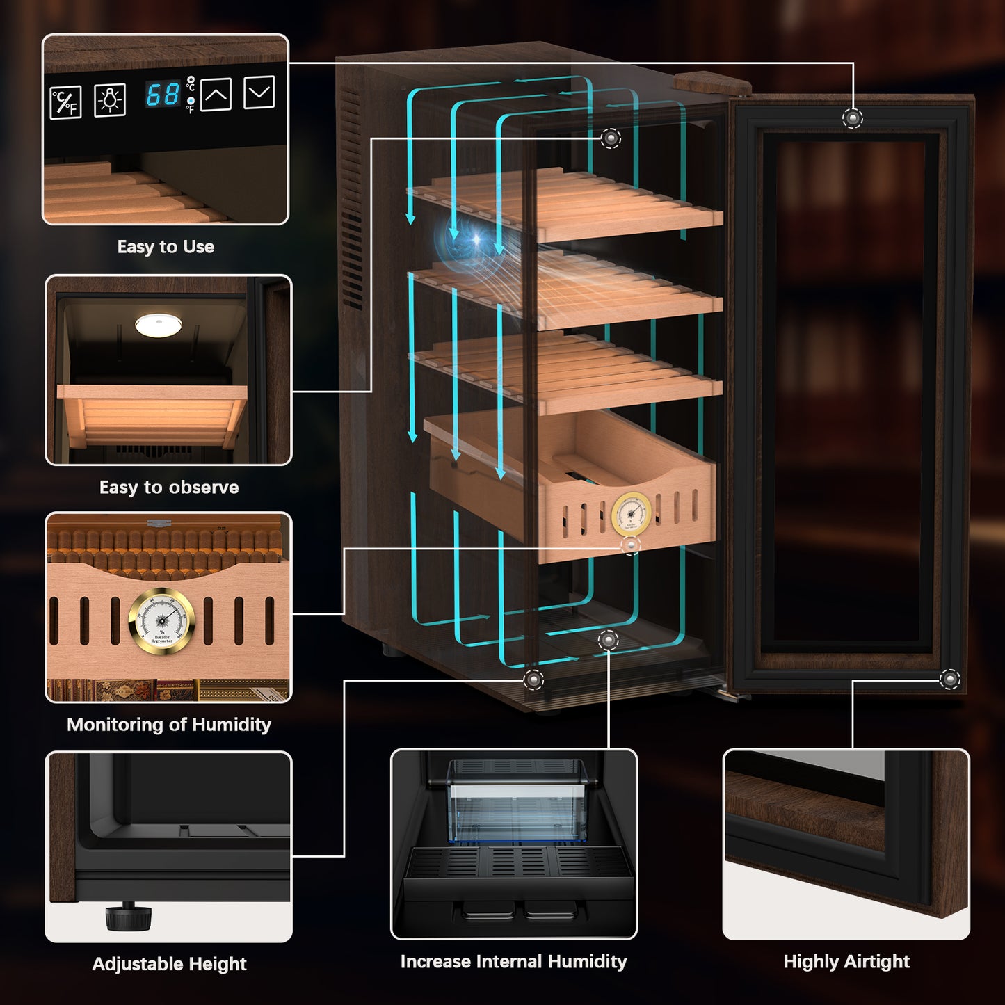 Ecojoy 35L Electric Cigar Humidor for 250 Counts With Cooling & Humidity Control System Spanish Cedar Wood Shelves,Gifts for Men