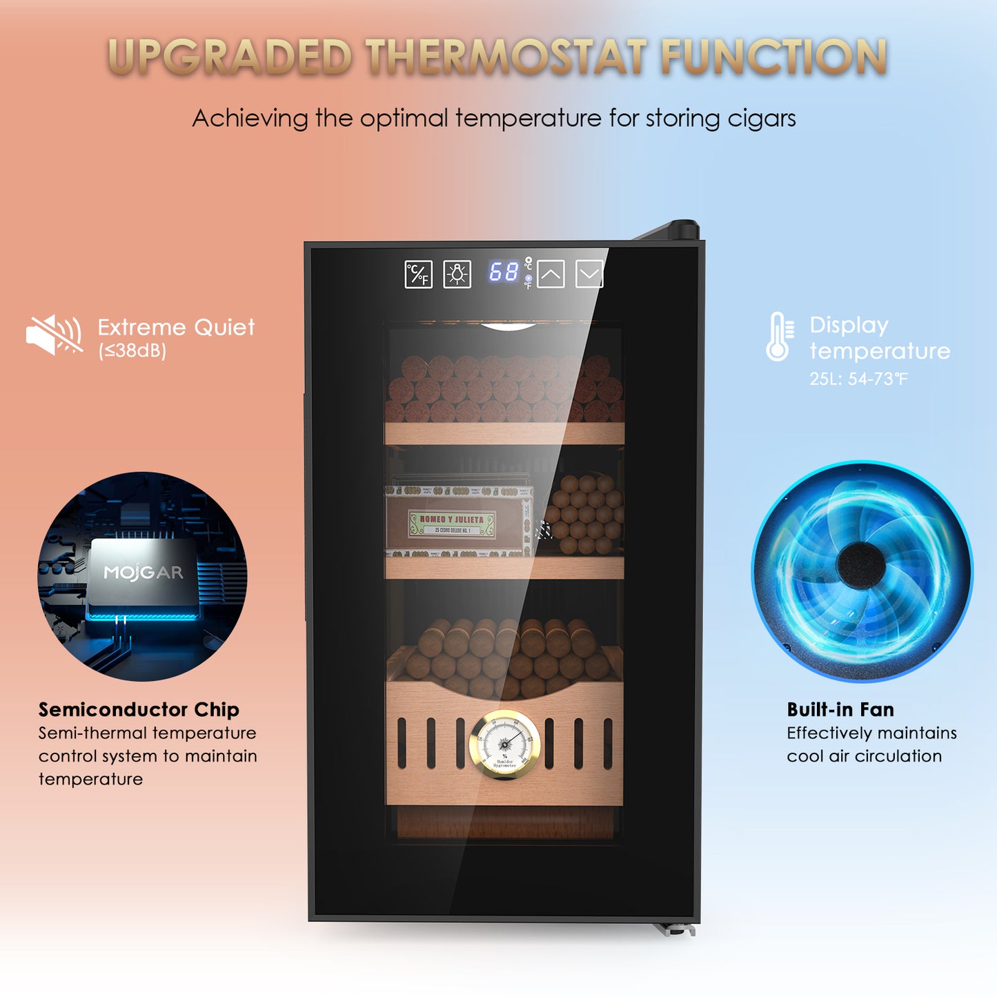 Electric Cigar Humidor, 25L Cigar Humidors Cabinet for 200 Counts with Hygrometer, Heating & Cooling Control, Modern Spanish Cedar Lined Cigar Box