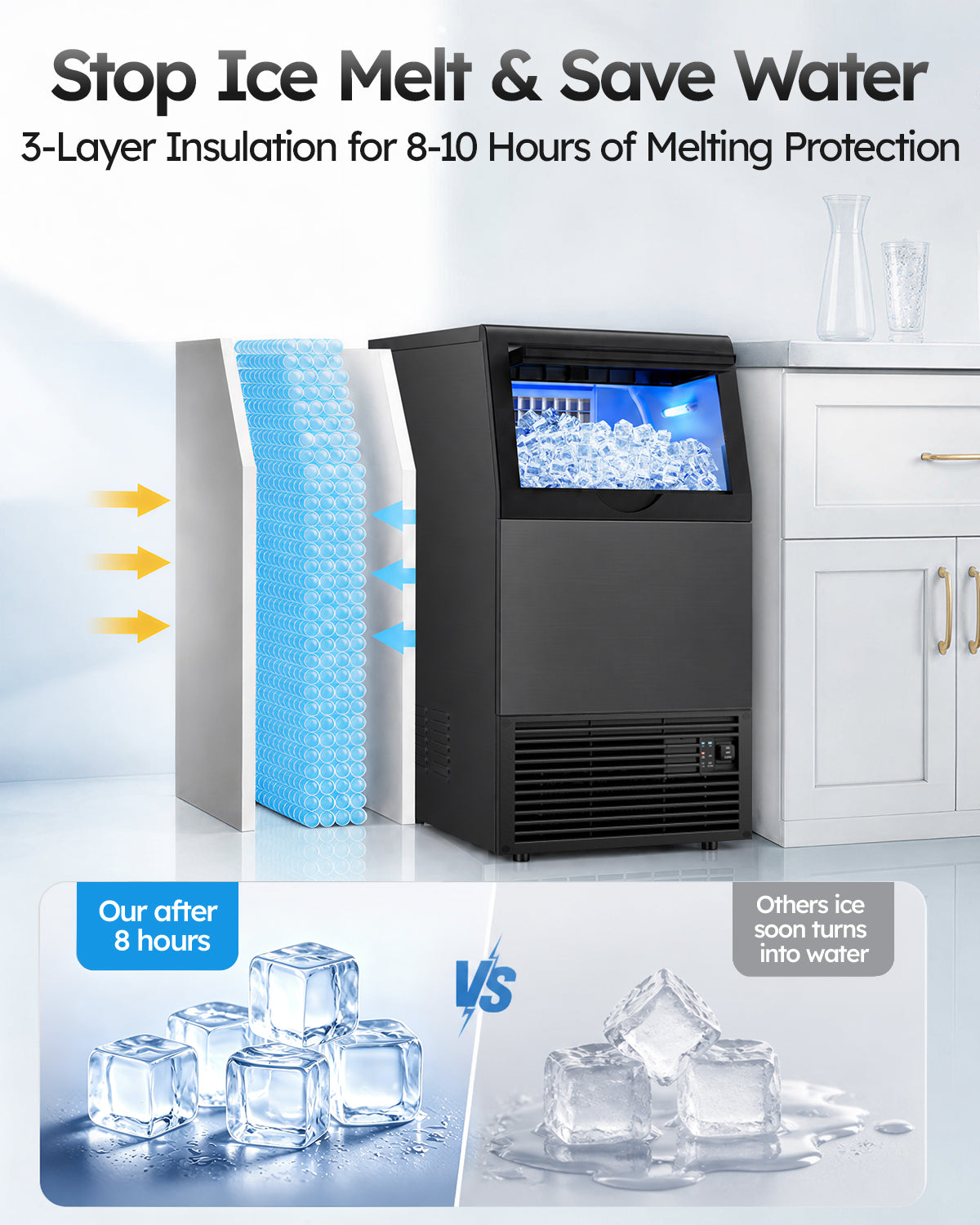 Ecojoy Commercial Ice Maker Machine, 100lbs/24H Stainless Steel Under Counter ice Machine with 33lbs Ice Storage Capacity, Freestanding Ice Maker