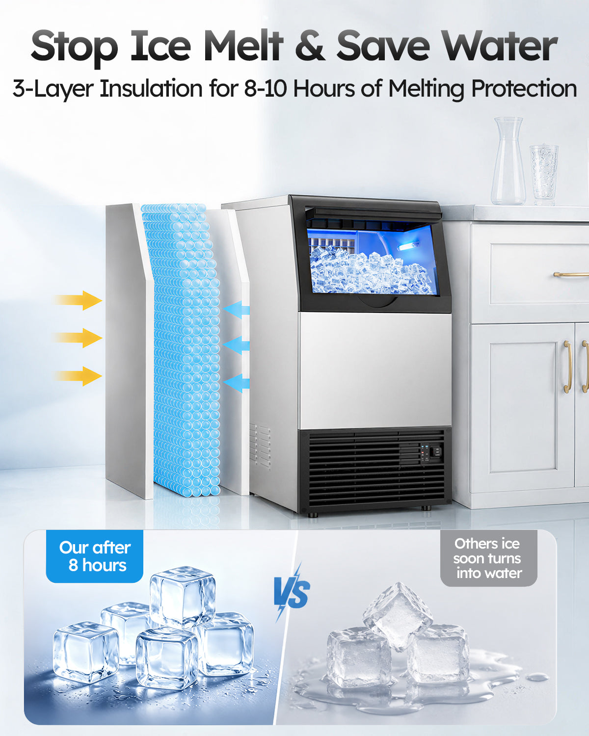 Ecojoy Commercial Ice Maker Machine, 100 lbs/24H Ice Production, 19-33 lbs Storage Bin, 45 Cubes per Cycle, Stainless Steel Under Counter & Freestanding Ice Maker with LED Display, Self-Cleaning