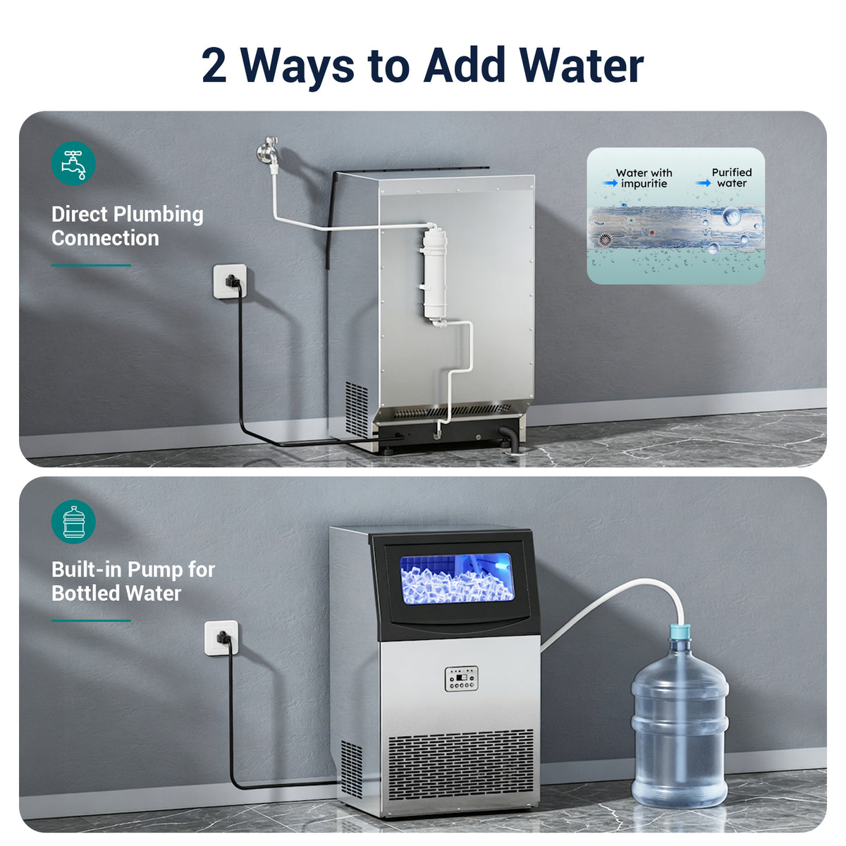 Ecojoy Commercial Ice Maker Machine 200Lbs/24H, 50Lbs Storage Bin, Freestanding & Under Counter Ice Maker | 55 Ice Cubes in 5-15 min | Thicknesses Adjustable | Commercial Ice Machine, Stainless Steel