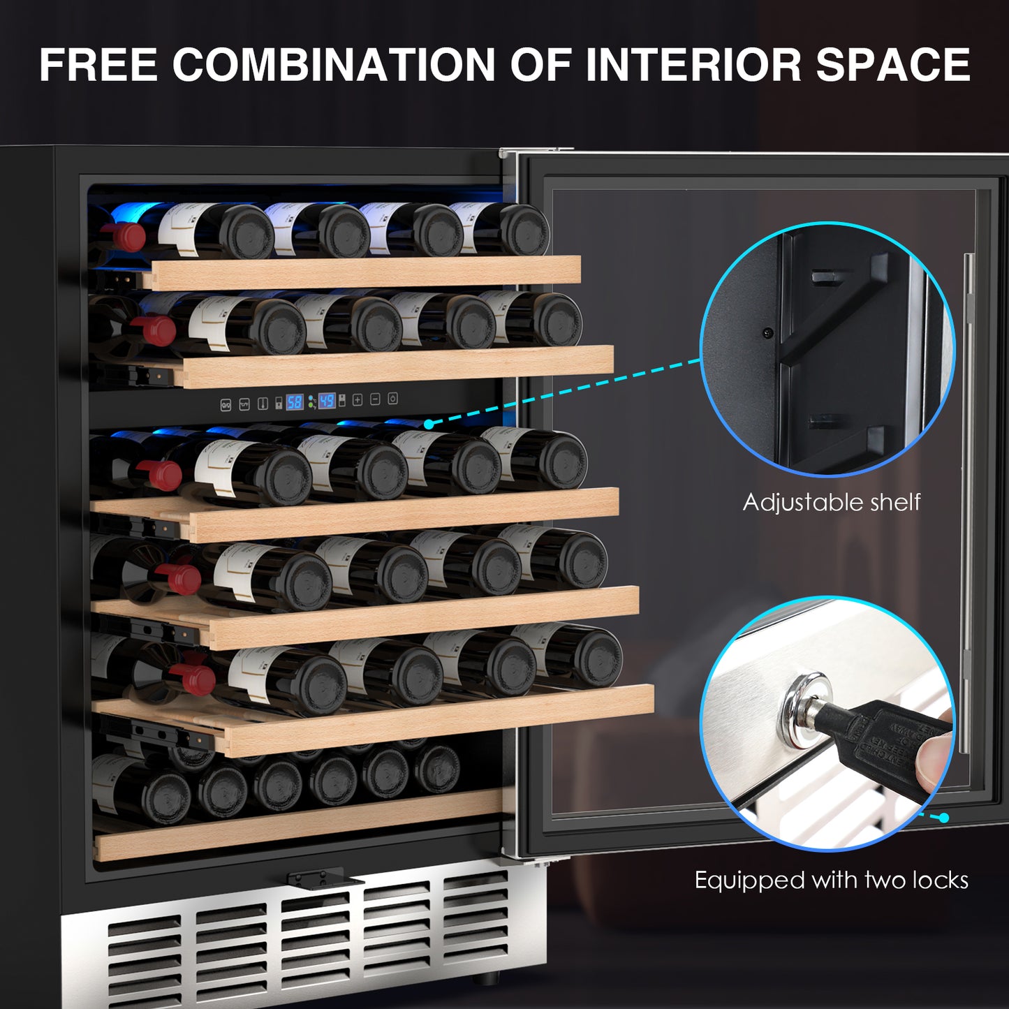 24 inch Wine Cooler Refrigerator, Dual Zone Wine Fridge Undercounter Refrigerator 54 Bottles Wine Cooler Fridge with Digital Display for Outdoor, Home Use and Compact Places
