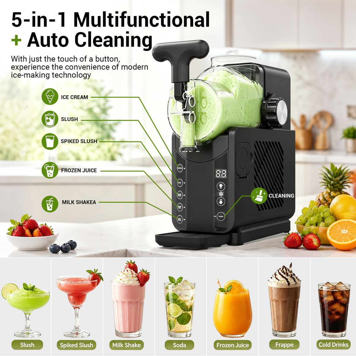 Ecojoy Slushie Machines, 5-in-1 Frozen Drink Maker & Ice Cream Maker with LED Display, Adjustable Hardness, Easy Clean, Large Capacity Slushy Machine