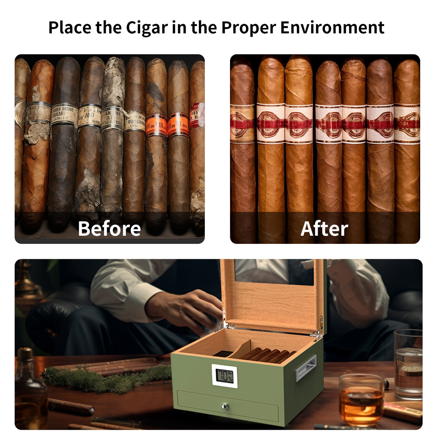 Cigar Humidor Case Box with Electric Hygrometer Humidifier Divider and Spanish Cedar Wood Shelf for 25-50 Counts, Luxuary Glass Cigar Case for Men, Green