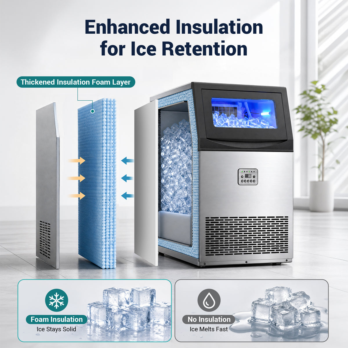 Ecojoy Commercial Ice Maker Machine 200Lbs/24H, 50Lbs Storage Bin, Freestanding & Under Counter Ice Maker | 55 Ice Cubes in 5-15 min | Thicknesses Adjustable | Commercial Ice Machine, Stainless Steel