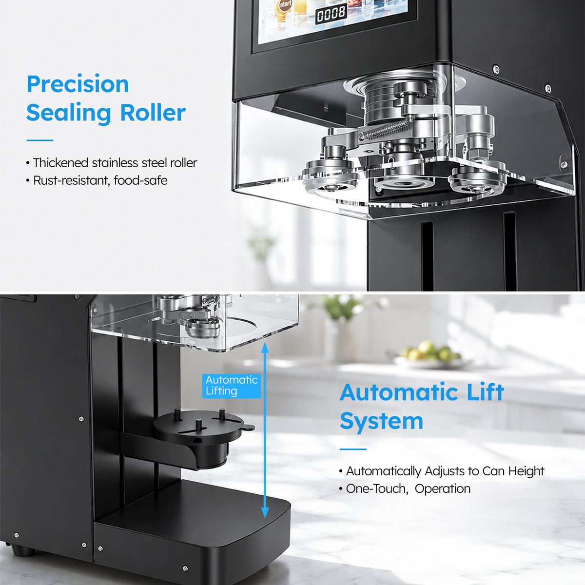Ecojoy Commercial Soda Can Sealer, Automatic Height Detection, 55 mm 202 Can Sealing Machine, No Cup Pads Required, Adjustable for 45–100 mm (1.77–3.94") Containers, Touchscreen One-Touch Control