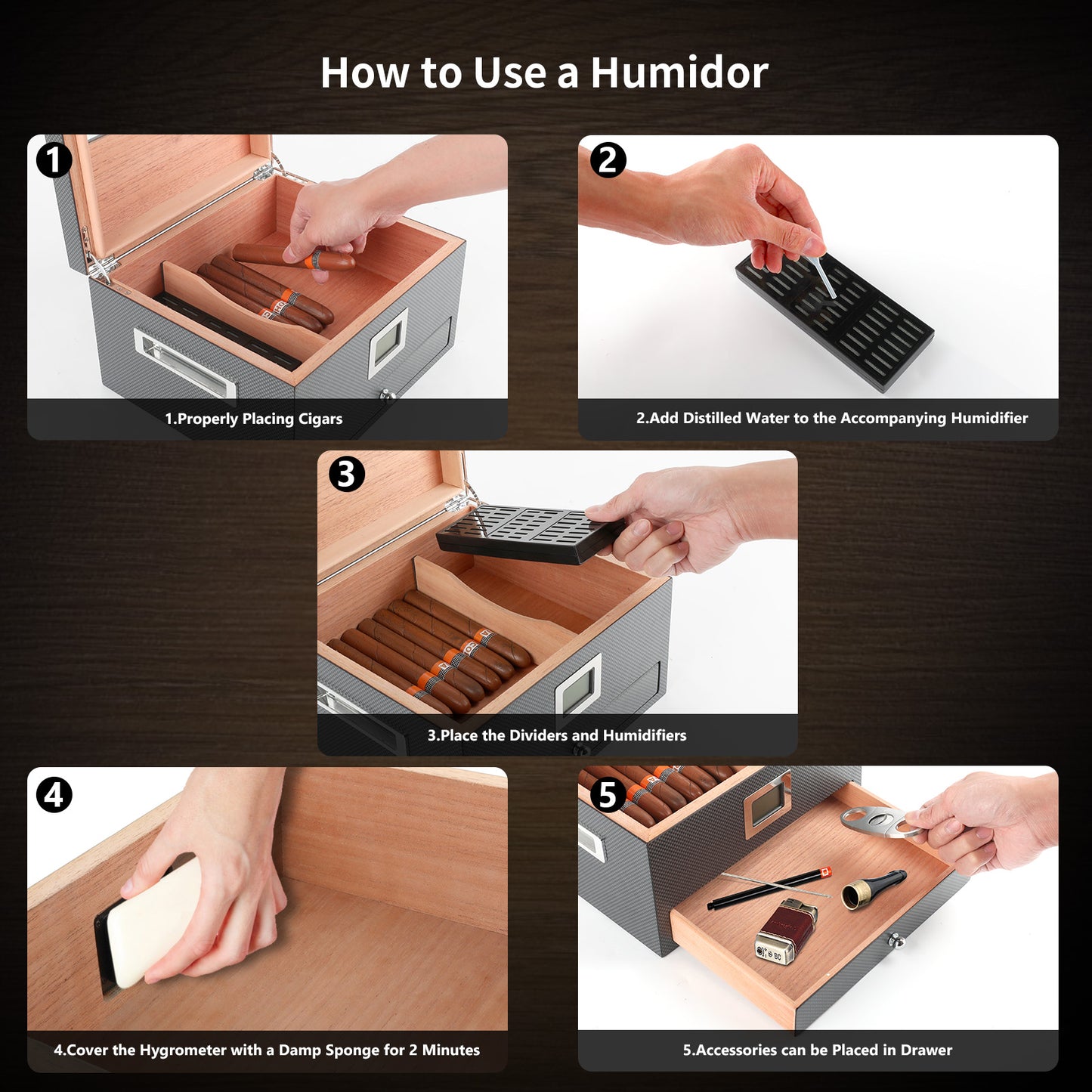 Cigar Humidor Case Box with Electric Hygrometer Humidifier Divider and Spanish Cedar Wood Shelf for 25-50 Counts, Luxuary Glass Cigar Case for Men, Gray