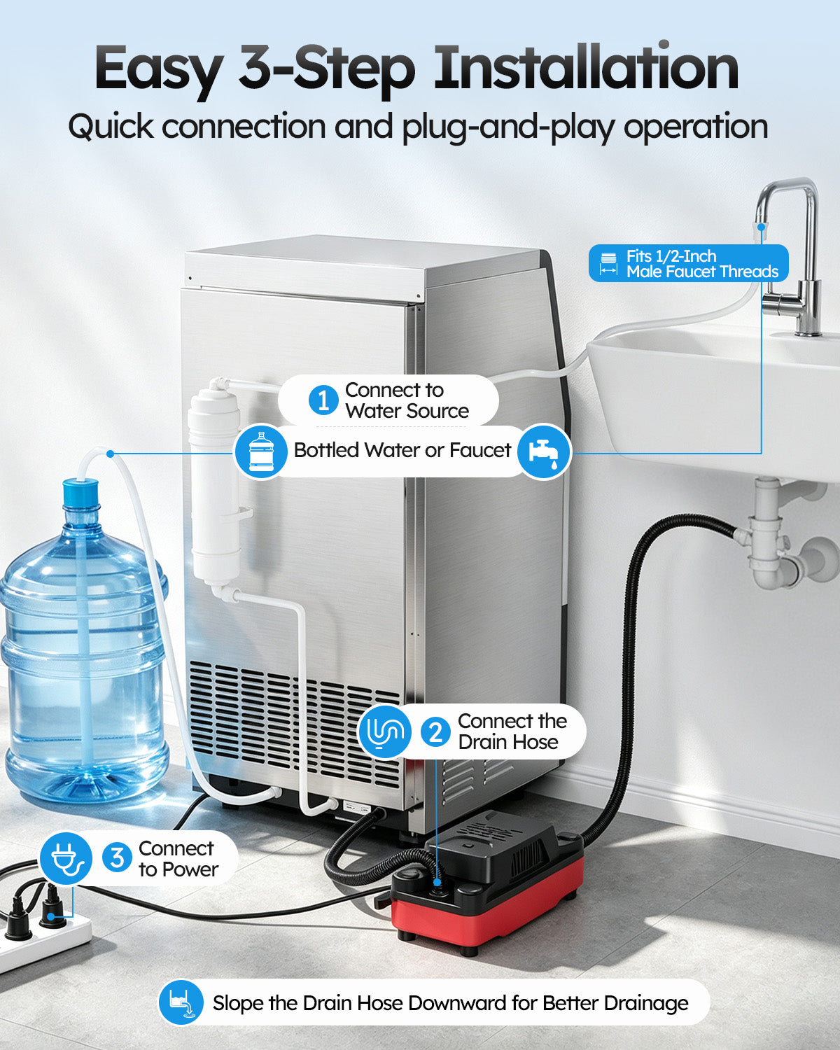 Ecojoy Commercial Ice Maker Machine, 100 lbs/24H Ice Production, 19-33 lbs Storage Bin, 45 Cubes per Cycle, Stainless Steel Under Counter & Freestanding Ice Maker with LED Display, Self-Cleaning