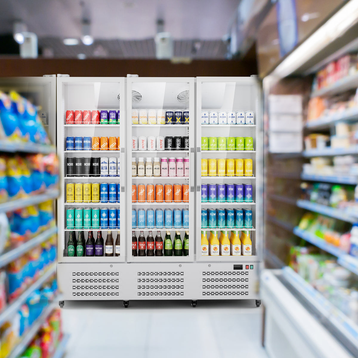 Ecojoy 56 Cu. Ft. Commercial Beverage Refrigerator, Triple Glass Door Display Cooler with 15 adjustable shelves, Door Lock, For Shop Restaurant bar, Upright Merchandiser, Digital Temperature Control
