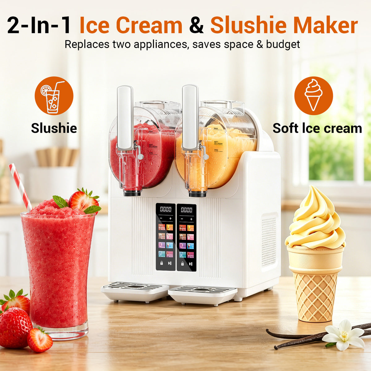 Ecojoy Slushie Machine No Ice Needed, 54oz X 2 Liquid Capacity Frozen Drink Maker & Slushy Machine, Soft Serve Ice Cream Maker with 8 Presets, Perfect for Frozen Margaritas, Frappes, Smoothies