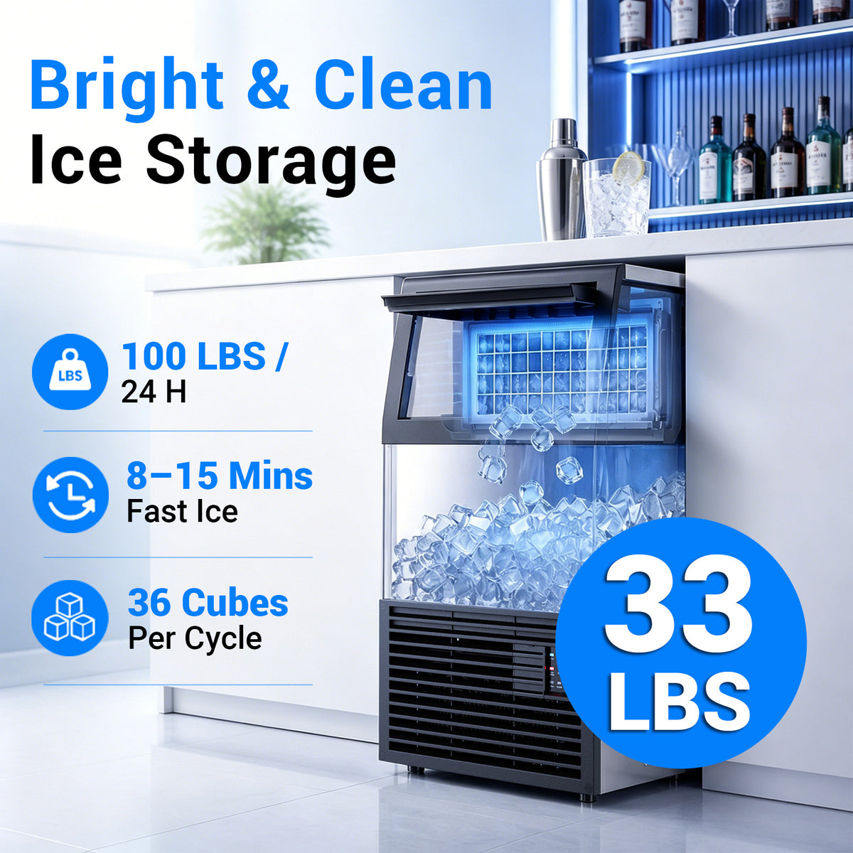 Ecojoy Commercial Under Counter Ice Maker, 100lbs/24H Ice Output, 33lbs Insulated Storage, Stainless Steel Built-in Freestanding Ice Machine with Self-Cleaning for Home Bar