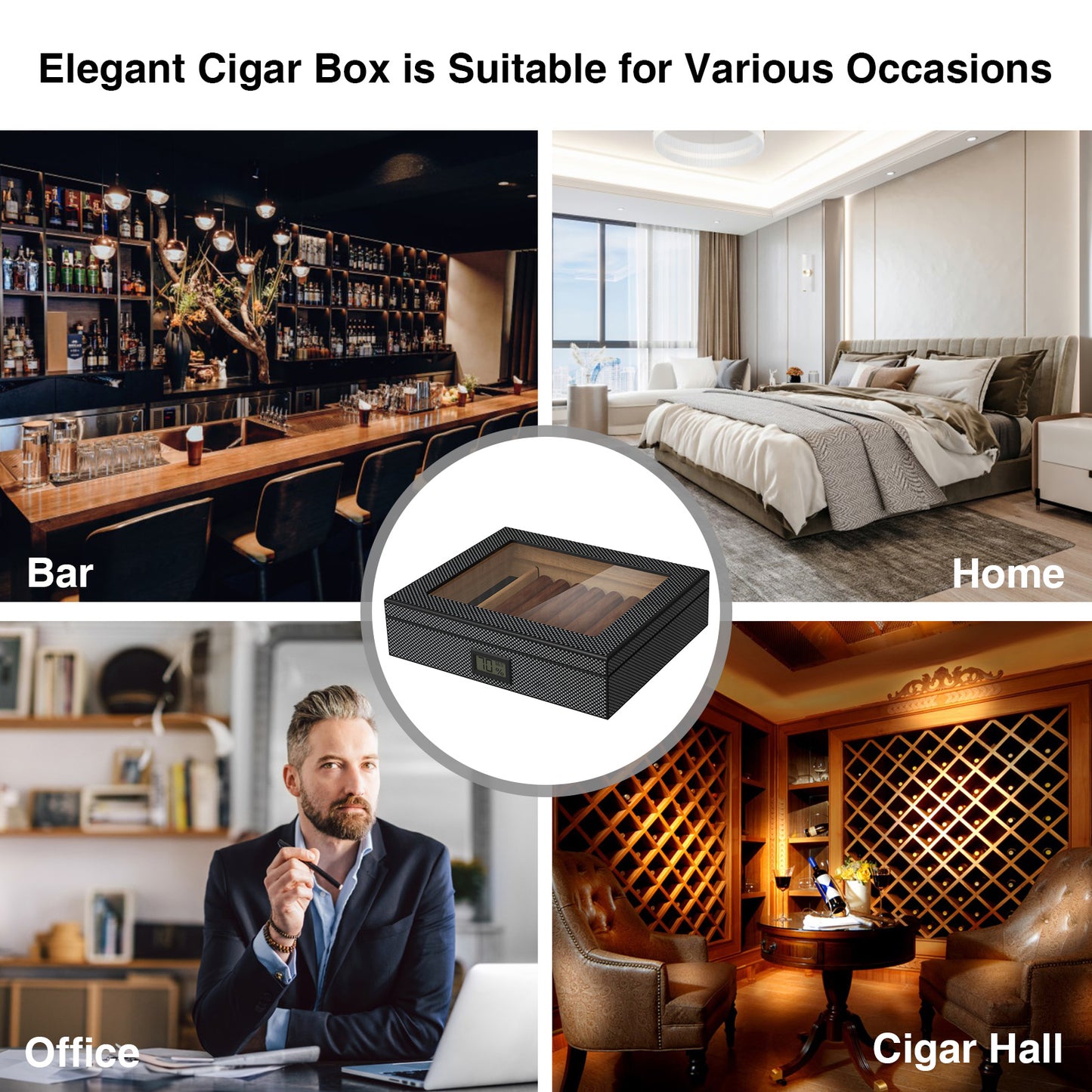 Cigar Humidor Case Box with Electric Hygrometer Humidifier Divider and Spanish Cedar Wood Shelf for 20-30 Counts, Great Gifts for Men, Gray