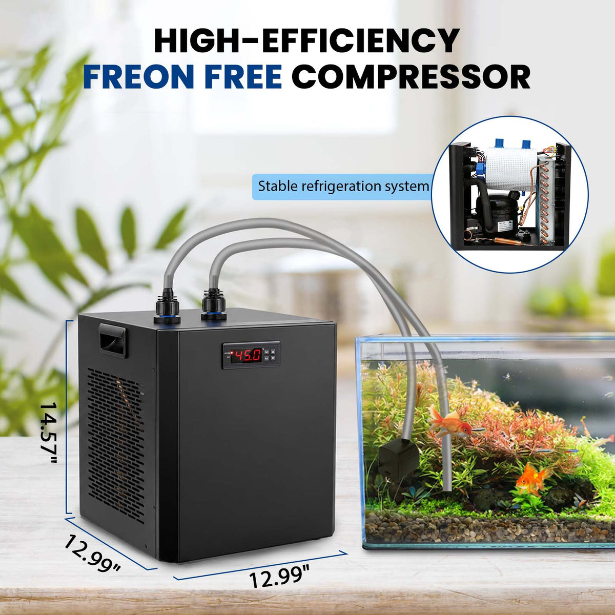 Ecojoy 1/2 HP Aquarium Chiller, Quiet Fish Tank Water Chiller 100-132 Gal Energy-Saving Aquarium Cooler with Pump & Tubing for Large Saltwater Freshwater Axolotl Coral Reef Hydroponic Systems
