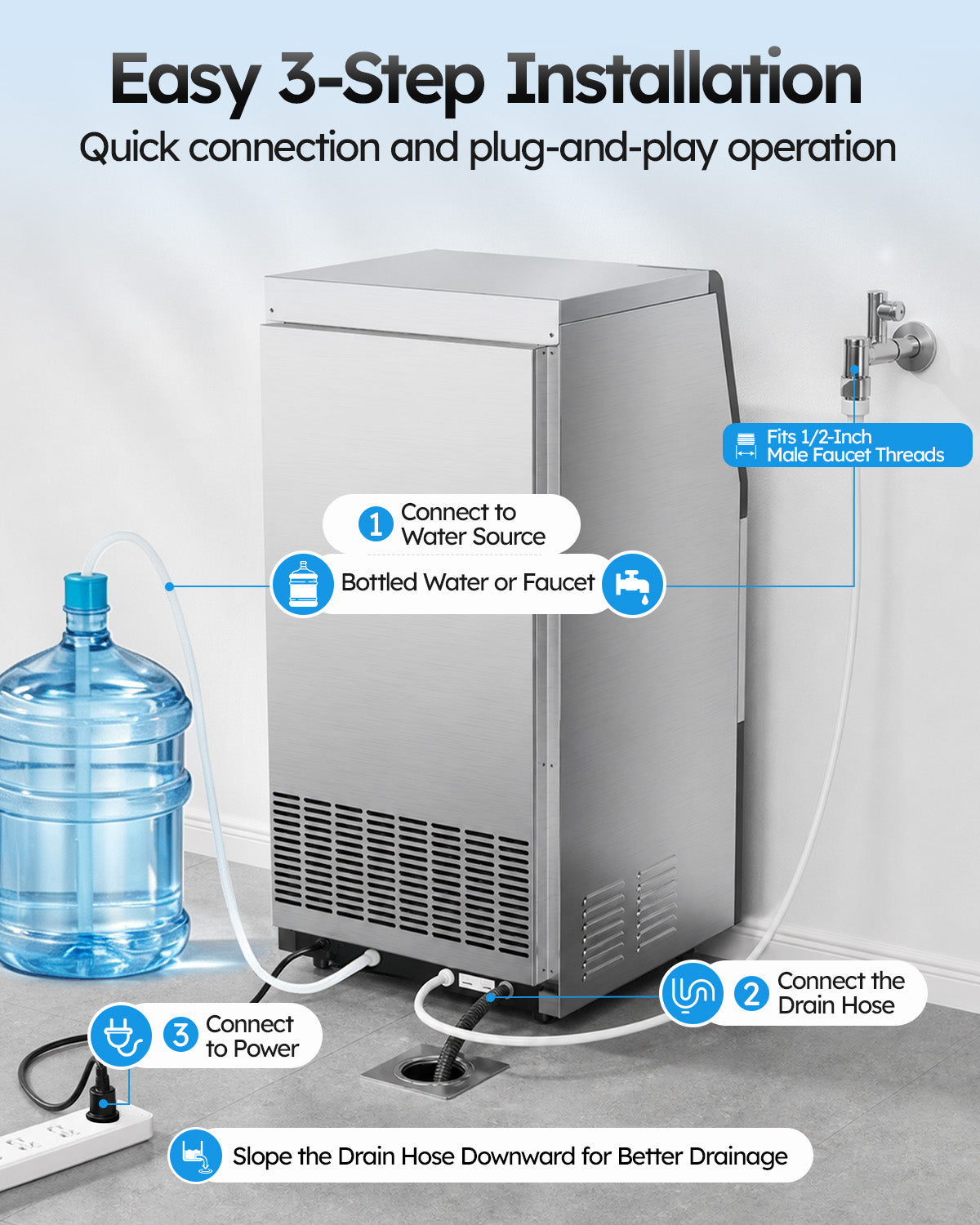 Ecojoy Commercial Ice Maker Machine, 100 lbs/24h with 33 lbs Storage, Built-in/Freestanding/Under Counter, 36 Cubes per Cycle, Stainless Steel Ice Maker with LED Display & Self-Cleaning for Home