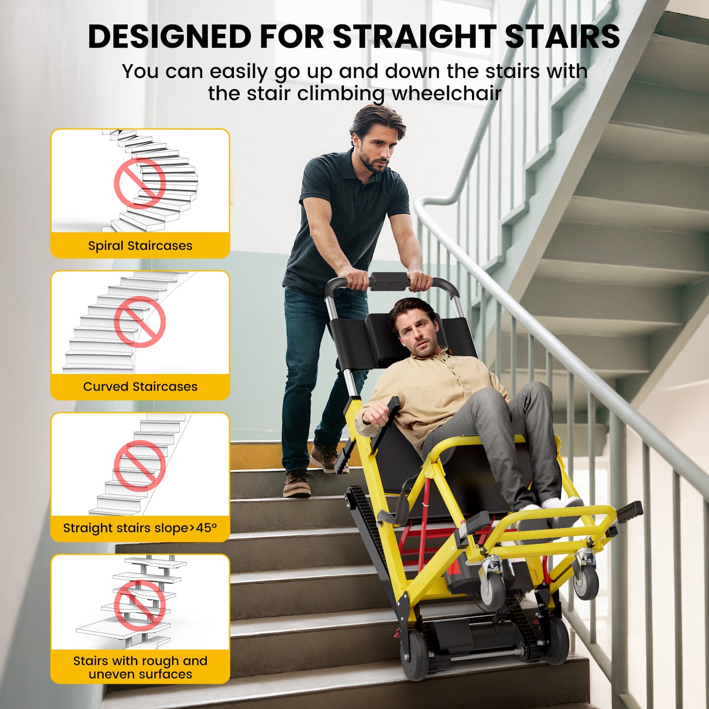 Ecojoy Portable Electric Chair - Stair Climbing, Track Stair Chair Electric Wheelchair, Yellow, 440lb Limit