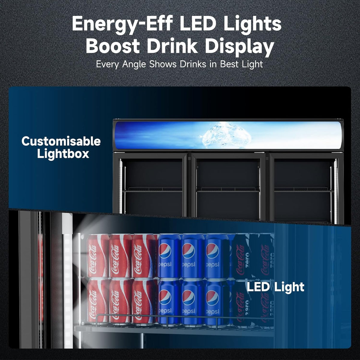 Ecojoy 56 Cu.Ft Merchandiser Cooler, 3 Doors Commercial Display Fridge Beverage Refrigerator with Adjustable Shelves, LED Lighting，32-50°F, Lockable Doors & Braked Casters for Store, Shop, Office