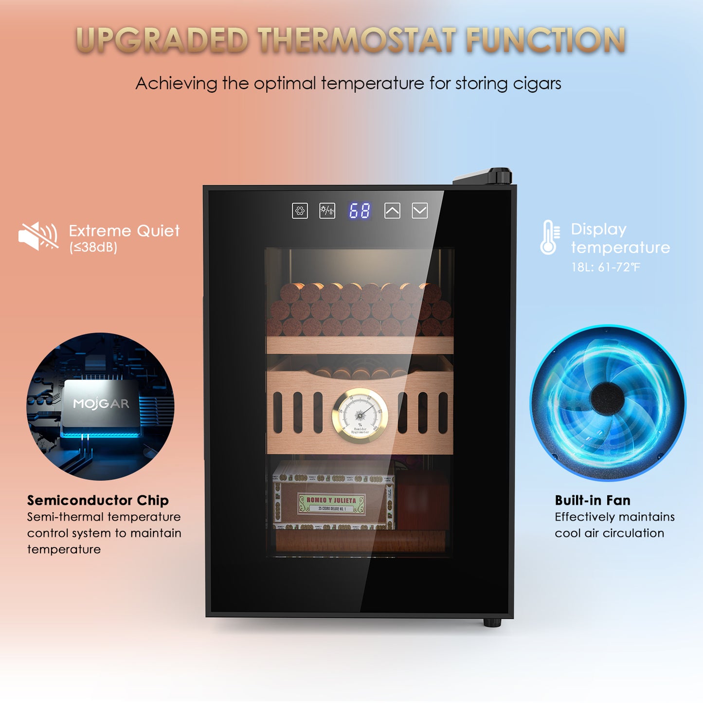 Electric Cigar Humidor, 18L Cigar Humidors Cabinet for 100 Counts with Hygrometer, Heating & Cooling Control, Modern Spanish Cedar Lined Cigar Box
