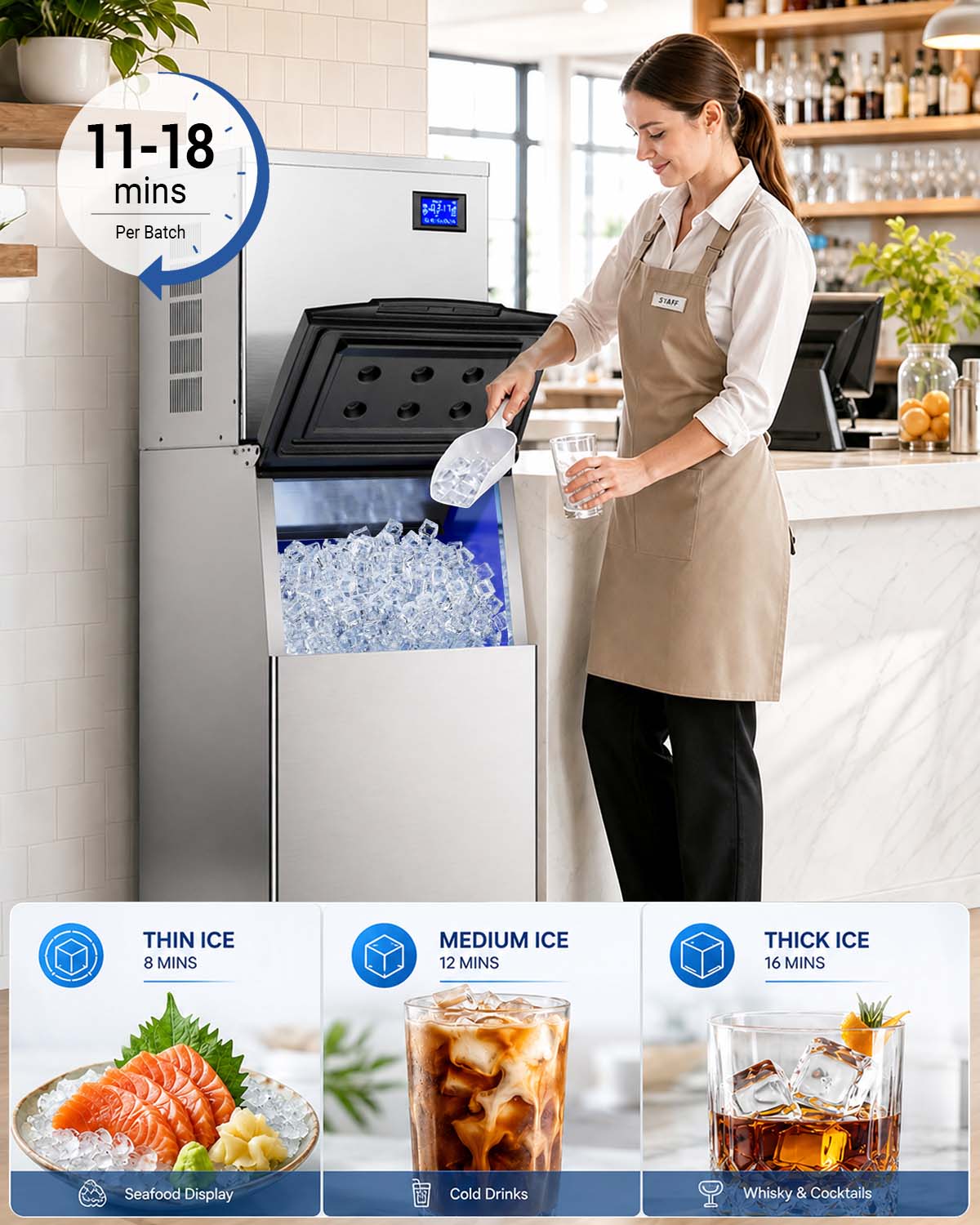 Ecojoy 700 Lbs/24H Commercial Ice Maker Machine with 500 Lbs Storage Bin, Air-Cooled Ice Maker Producing 156 Cubes Every 8–15 Minutes, Adjustable Ice Thickness, ETL Approved, Self-Cleaning for Bar, C