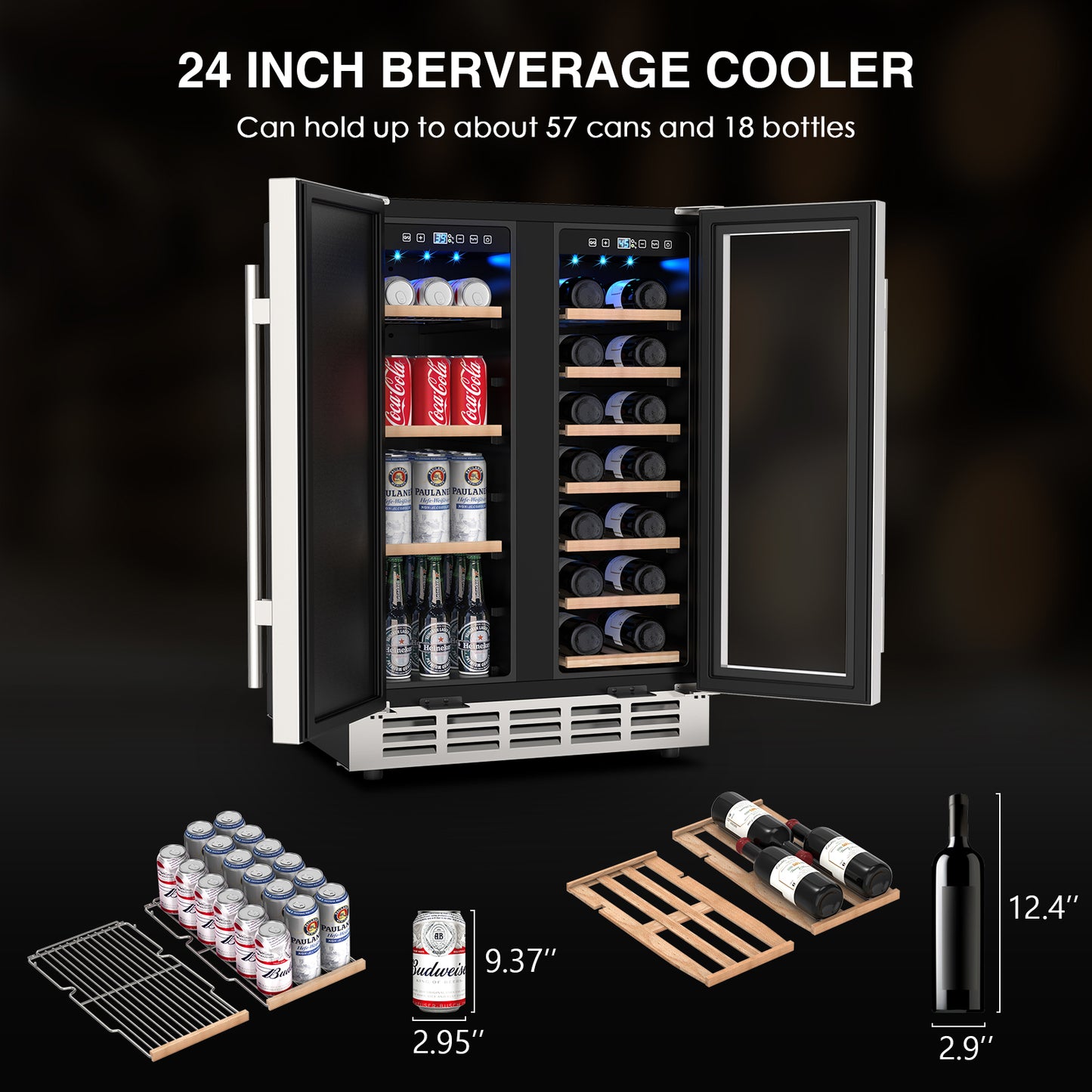 Dual Zone Wine Cooler Beverage Refrigerator, 24 inch Wine Coolers Fridge Side by Side Refrigerator Glass Fridge with Safety Locks for 20 Bottles and 57 Cans