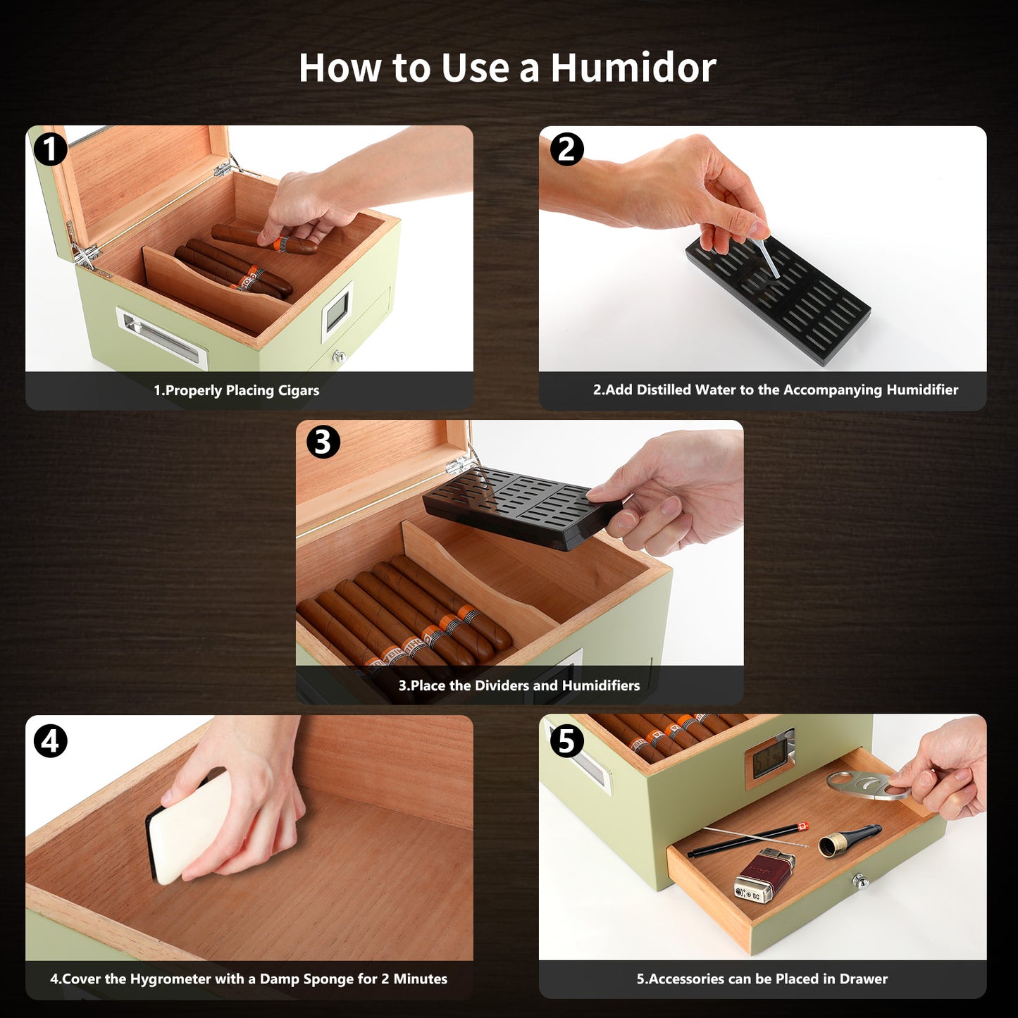 Cigar Humidor Case Box with Electric Hygrometer Humidifier Divider and Spanish Cedar Wood Shelf for 25-50 Counts, Luxuary Glass Cigar Case for Men, Green