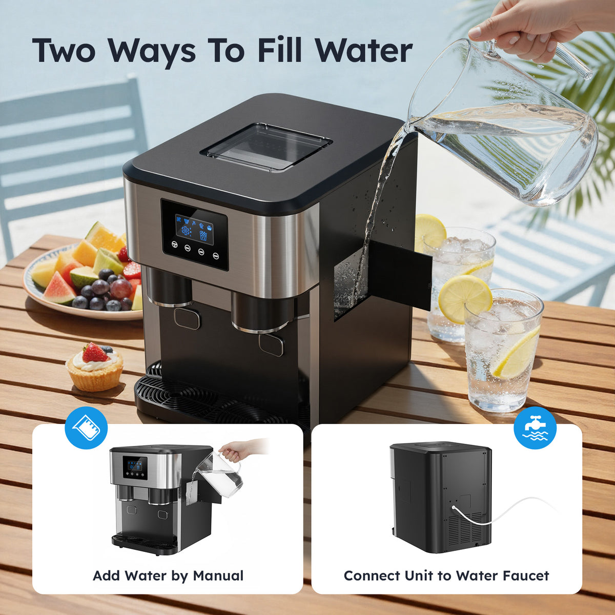 Ecojoy 3 in 1 Water Dispenser with Ice Maker Countertop, Bullet Ice, Crushed Ice, Water Cooler, 33Lbs/24H, 12 Ice Cube/6Min, Self-cleaning, 4Lbs Ice Storage, Home, Kitchen, Party, RV